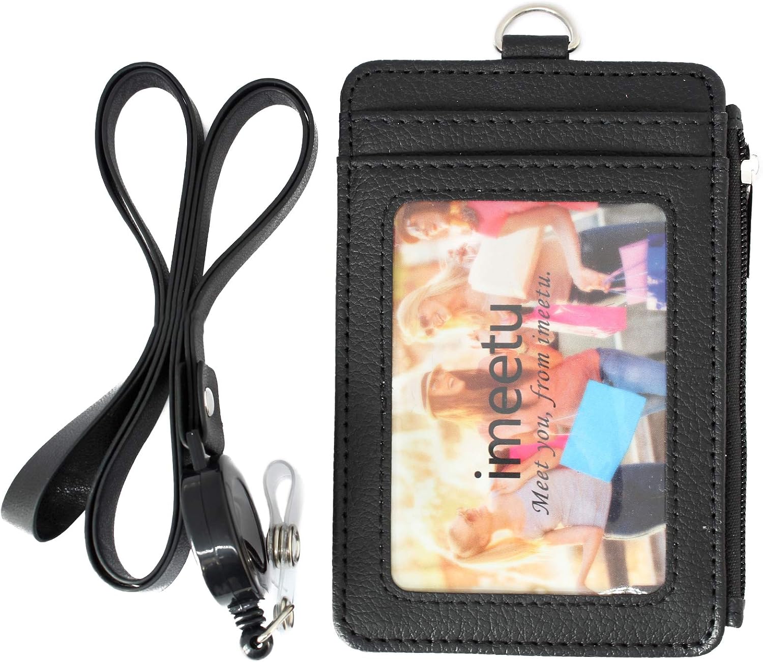imeetu Leather Badge Holder ID Card Holder with 1 Zipper Pocket and Retractable Reel(Black)