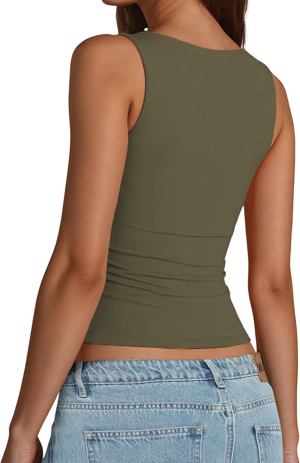 AURUZA Square Neck Tank Tops for Women, Sleeveless Double Lined Tops for Women Sexy Going Out Top Trendy Basic Fitted Shirts (Tank Top-Army Green, Large) - Image 3