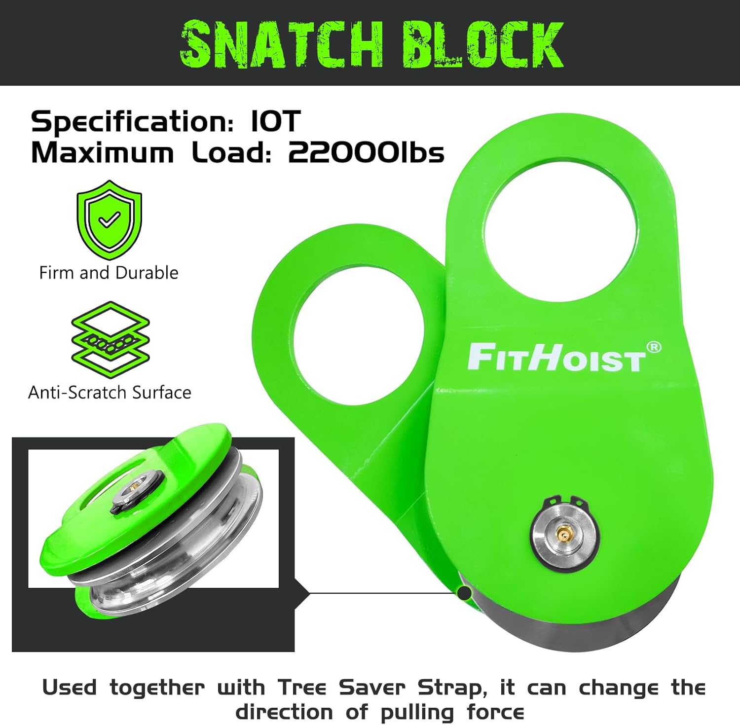 Offroad Recovery Kit, Snatch Block Pulley 10 Ton and Tree Saver Strap 3" x8' and 2pc D Ring Shackles 3/4", Winch Accessories for Car Truck SUV ATV