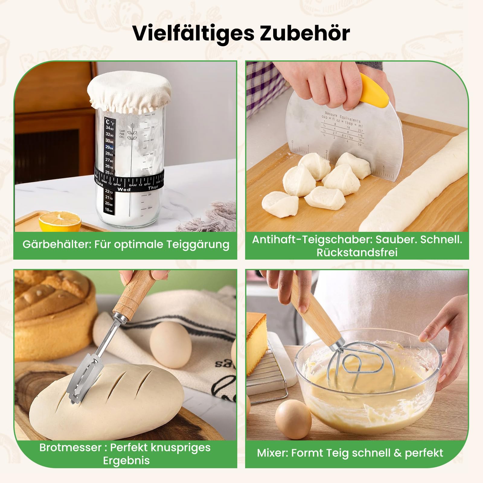 GEEKHOM Juego de inicio de masa fermentada con 2 cestas de levadura de silicona (plegables, aptas para lavavajillas, molde), 16 piezas, juego de inicio con cesta de levadura, alrededor de 23 cm y