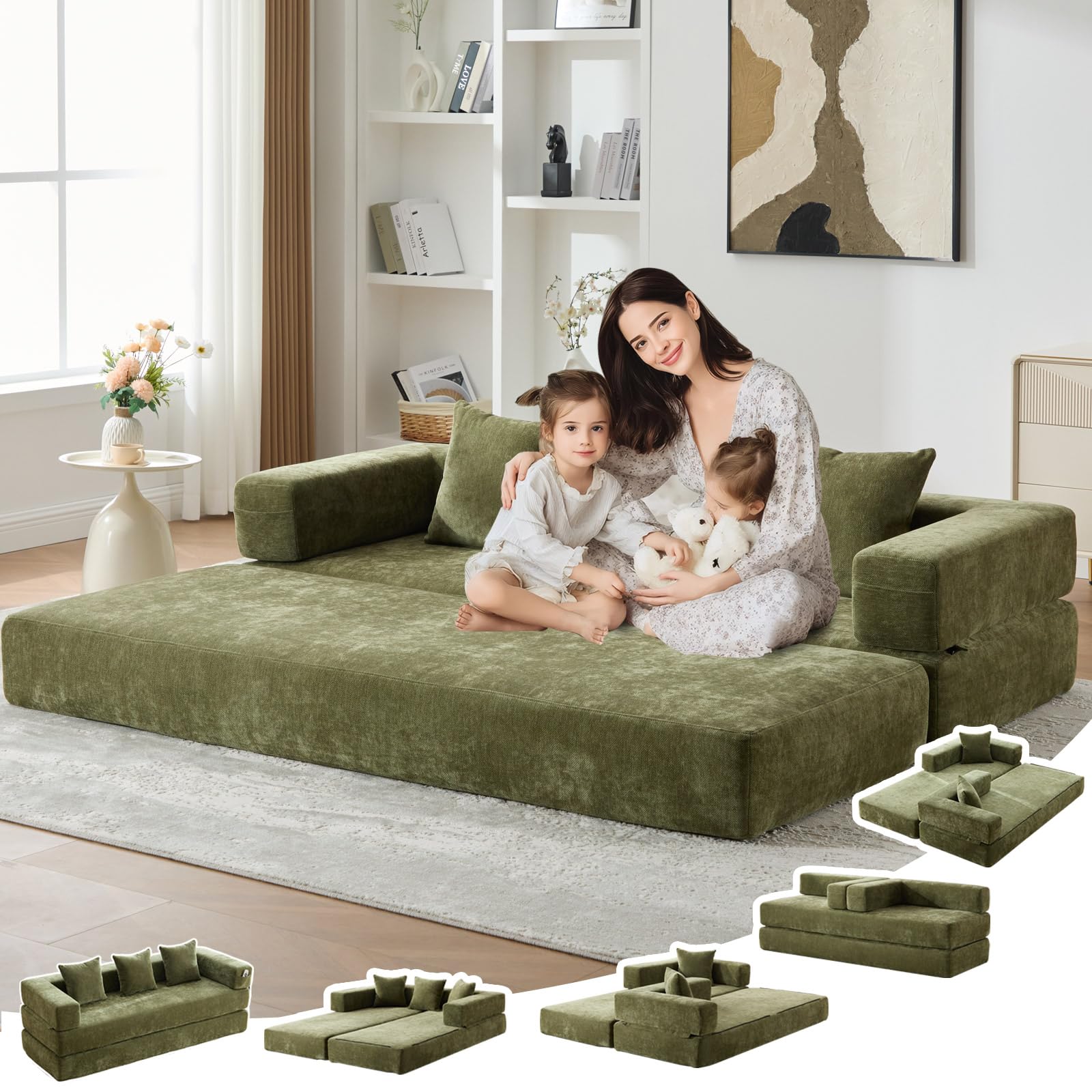 6-in-1 Compression Sofa Convertible Folding Sofa Bed with Curved Armrest 3 Pillows Modular Floor Couch for Adults Living