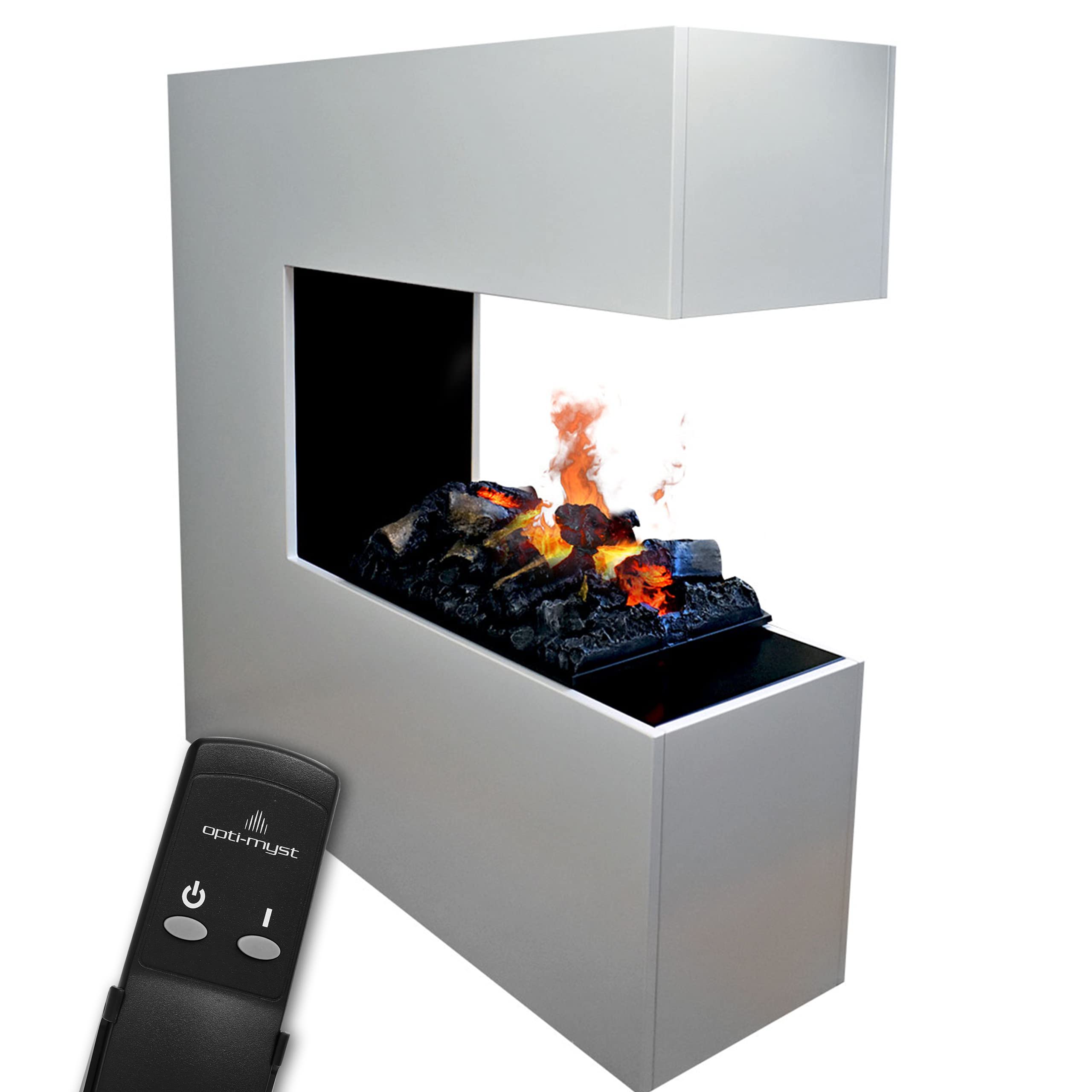 GLOW FIRE Kominek stojący na parę wodną SCHILLER - Elektryczny z realistycznym efektem 3D LED, trzaskiem, pilotem, 120x120x37 cm - Opti-Myst 500 z dekoracją drewnianą, Biały