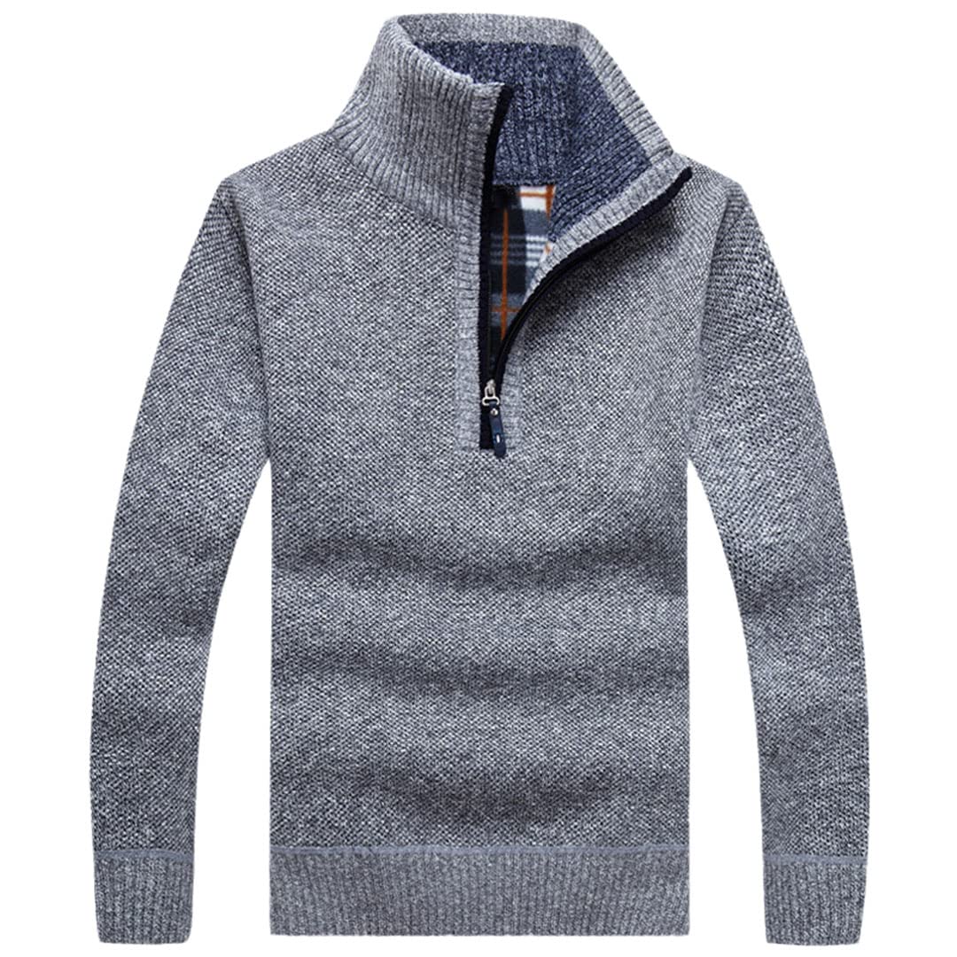 Męski gruby ciepły sweter z dzianiny solidny modny golf swetry pół zamek polar płaszcz, Light Gray, L