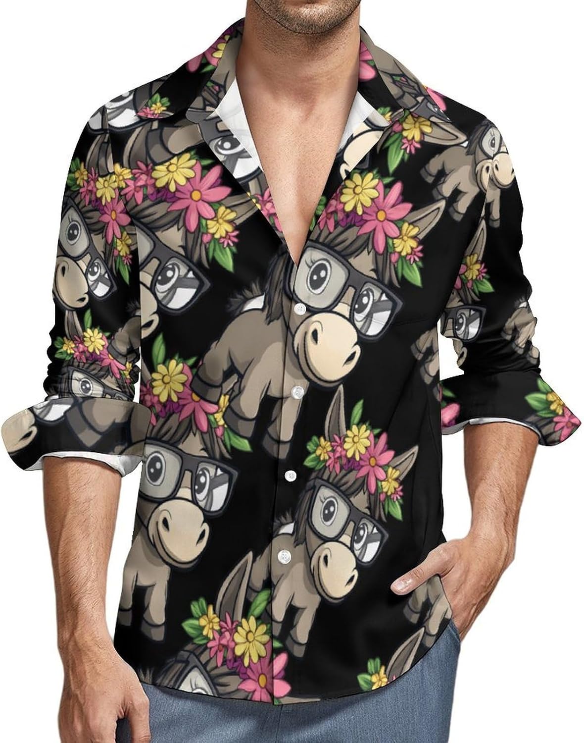 Donkey Floral Long Sleeve Shirts Casual Dress Shirt Button-down T-shirts for Men