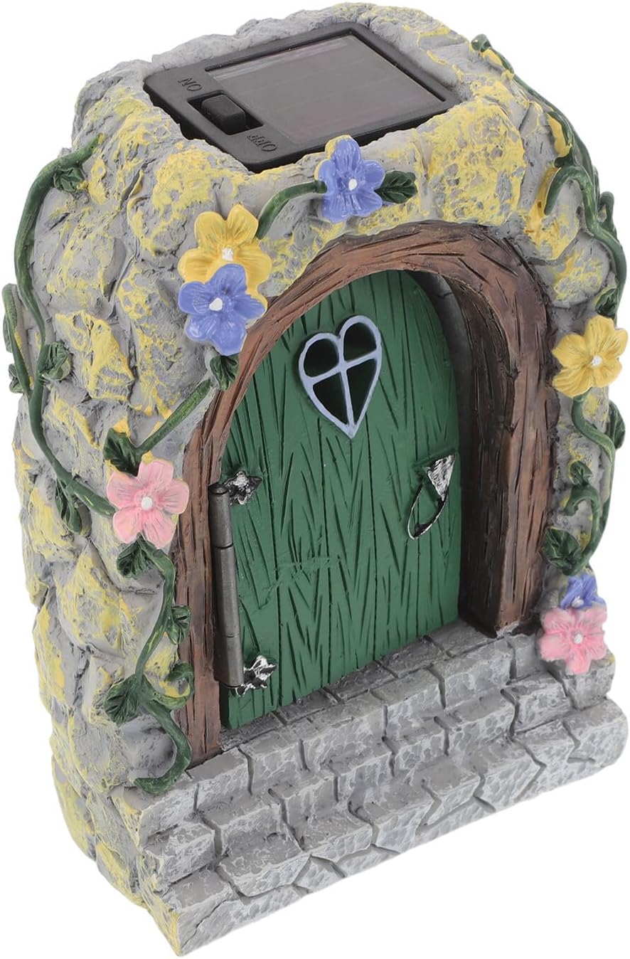 LIOOBO Fairy Garden Door Resin Miniature Ornament with Light Outdoor Patio Decorative Tiny Fairyland Gate for Lawn and Tree Trunk Bonsai Accessories