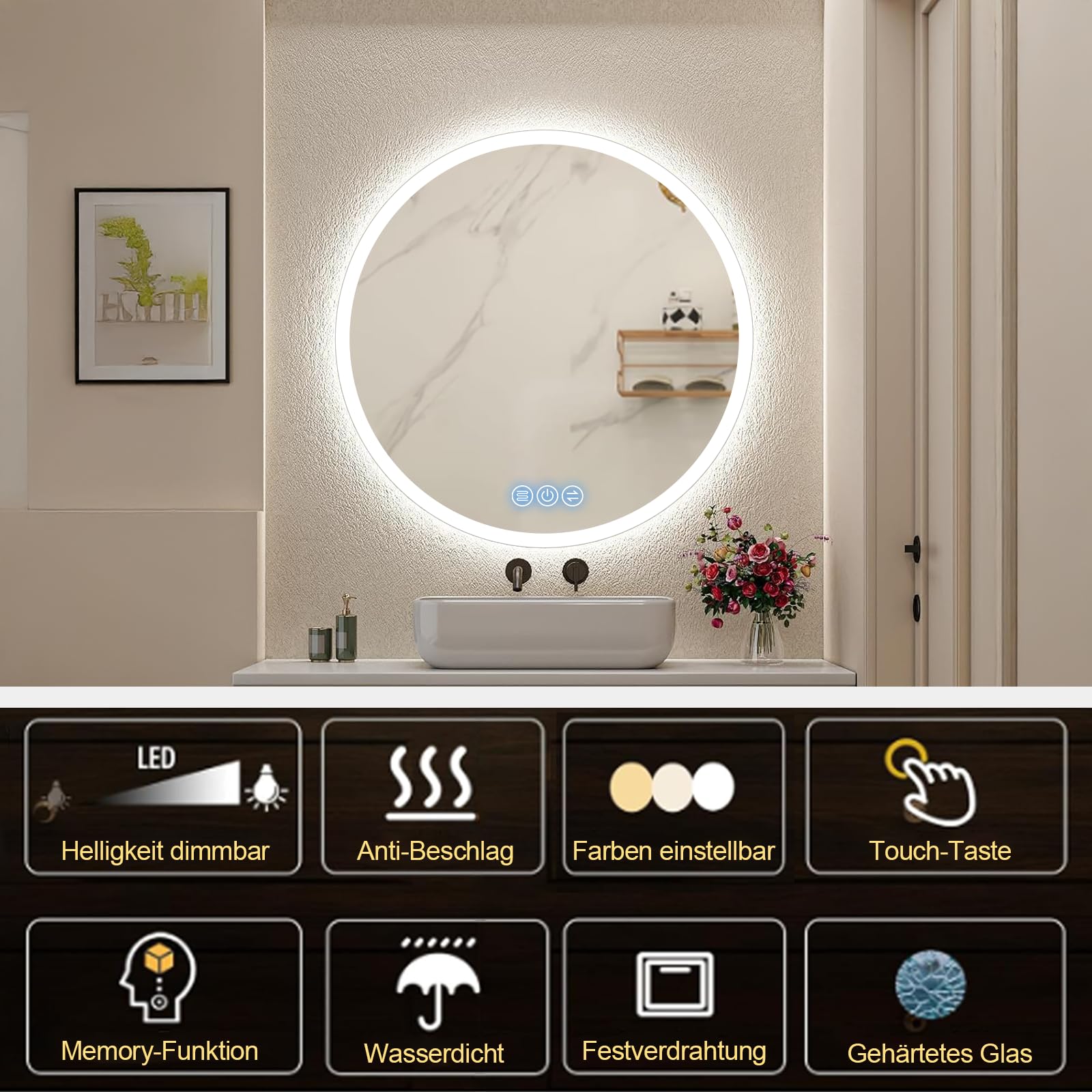 Specchio bagno con luce Rotondo 80cm, Specchio Bagno LED con Antifog, Dimmerabile, 3 Colori Luce, Memoria, HD Vetro Temperato, IP44, Specchio da parete con luce a LED
