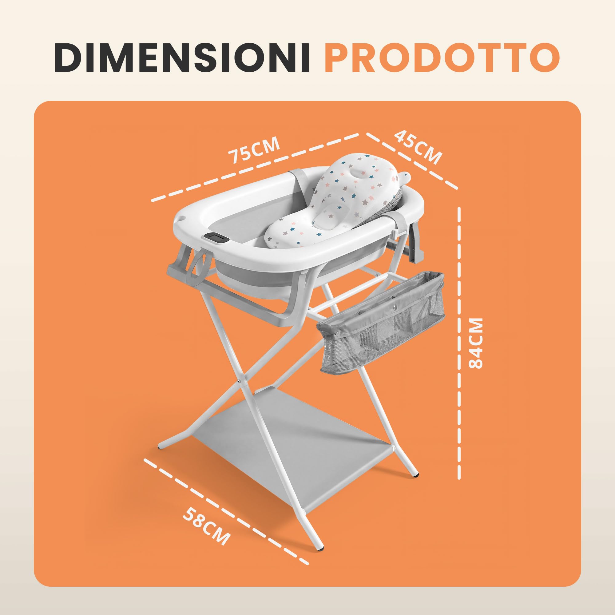 JUPPLIES Vaschetta Bagnetto Neonato Pieghevole con Cuscino Ergonomico e Termometro Digitale – Vasca Bagnetto Neonato Salvaspazio Antiscivolo – Facile da Riporre (Grigio, Con Supporto)