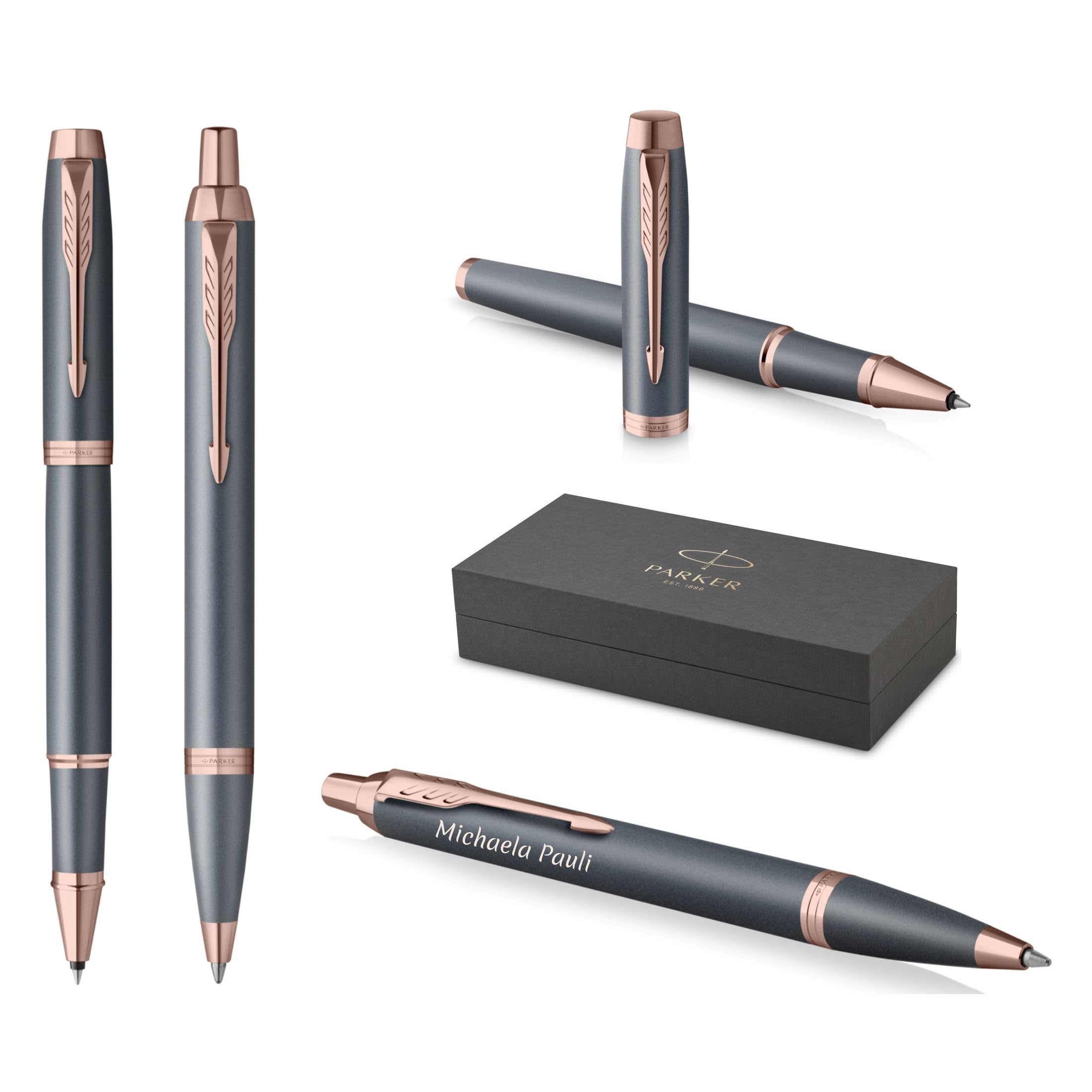 PARKER IM Schreibset Kugelschreiber + Tintenroller mit individueller Gravur – Personalisierter Luxus Stift – The Finishing Touch Collection Geschenk für Hochzeit, Geburtstag, Büro (Slate)