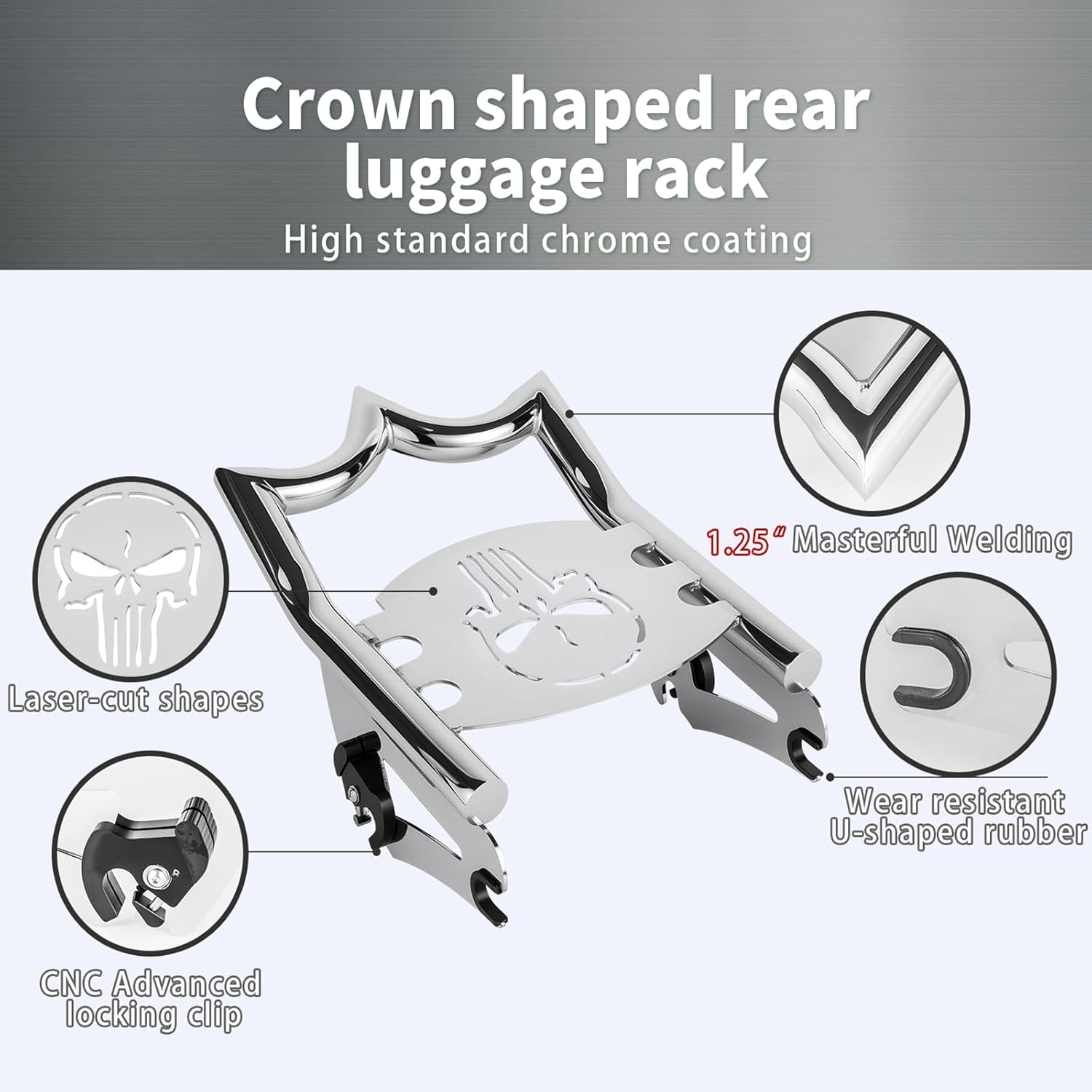Crown Detachable Luggage Rack for Harley Touring 2009-2026 Street Road Electra Glide/Road King, Chrome（Skull）
