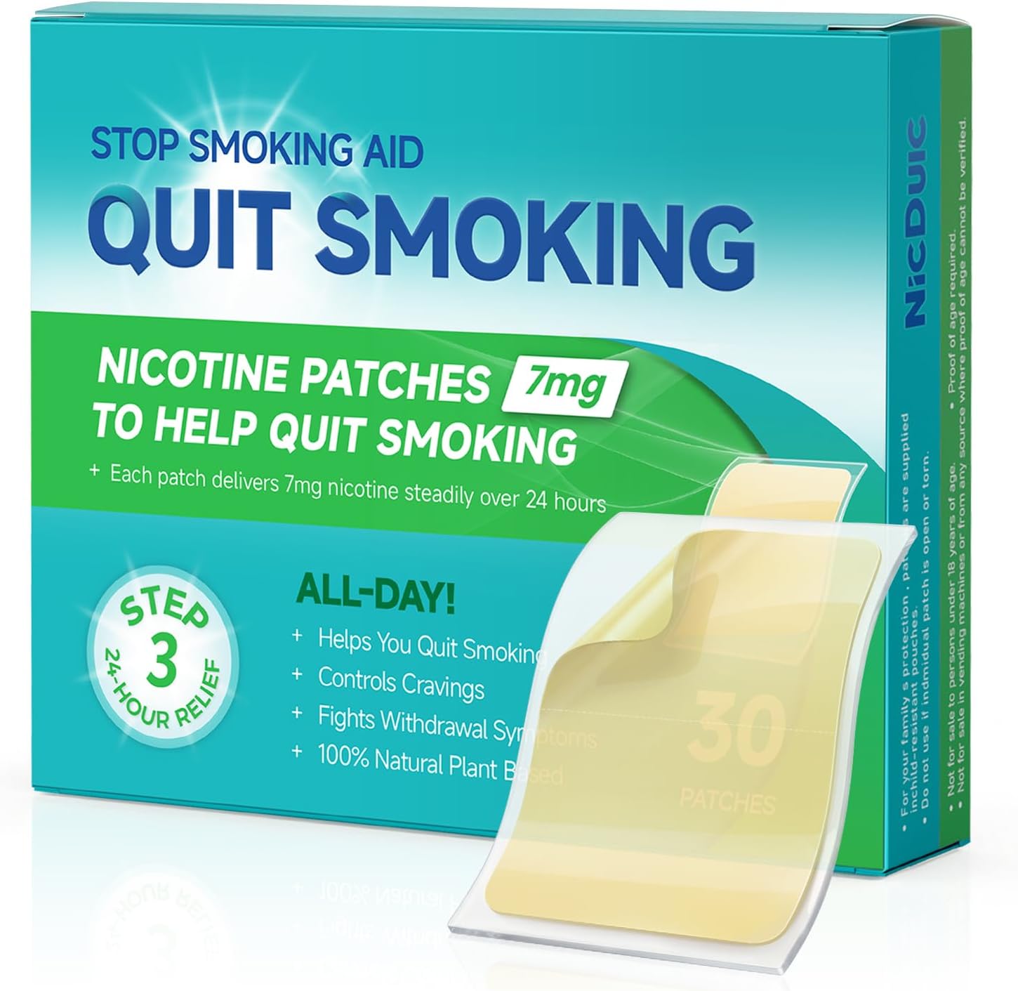 Nicotine Patches 7 mg, Quit Smoking Step 3, Transdermal System Nicotine Patch, Easy & Effective Stop Smoking Aids that Work 24hr, 30 Count (4 Weeks Supply)