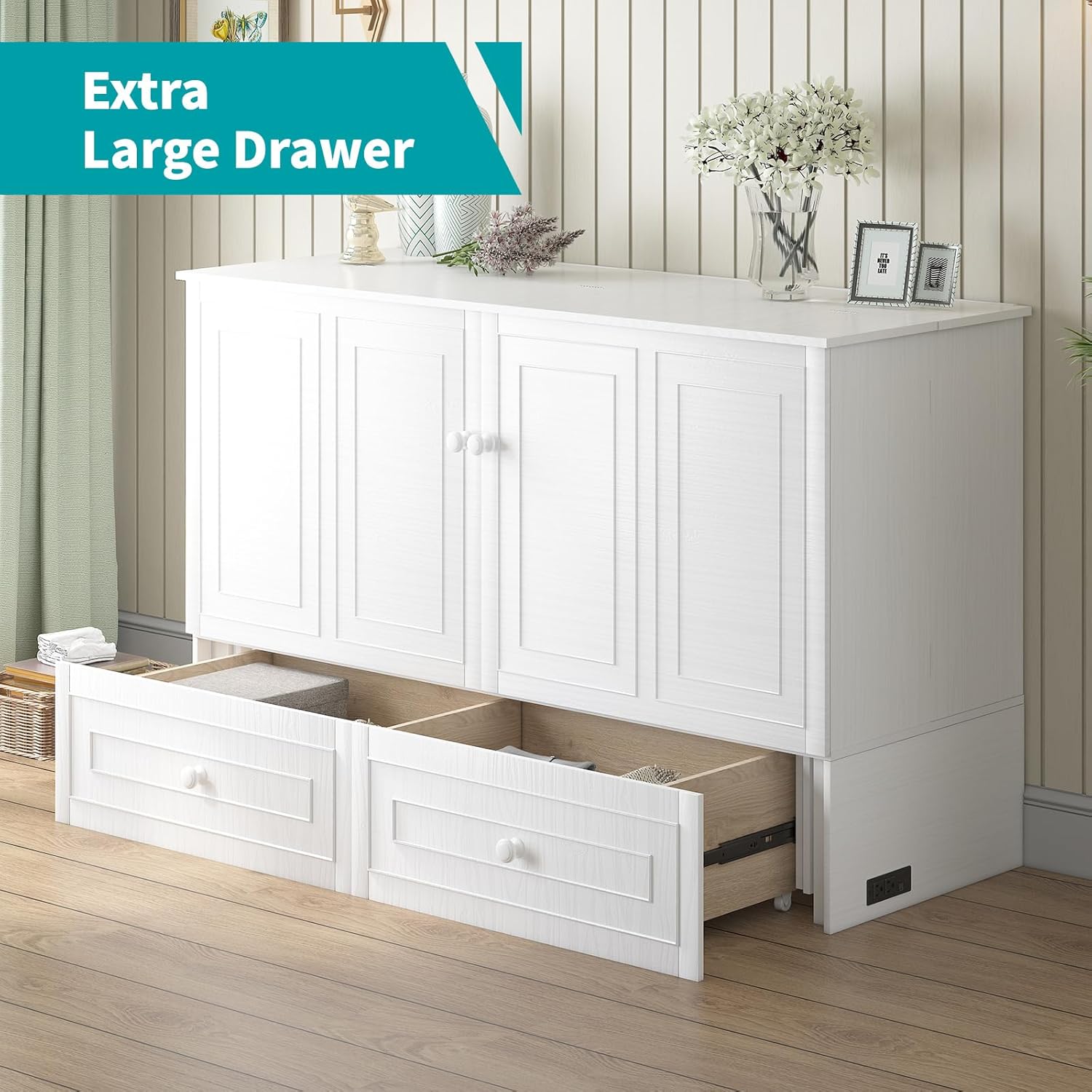 BALUS Murphy Bed, Cabinet Bed with Queen Tri-fold Foam Mattress, Modern Adults Guest Room Bed Frame with Built-in USB Charging Station and Storage Drawers for Bedroom Apartment - White