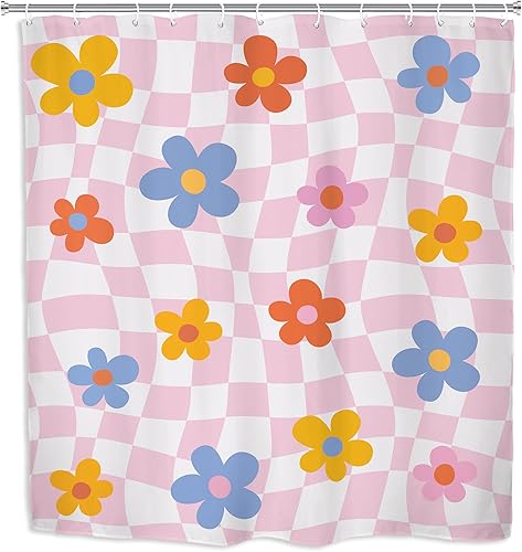 Miniatura 6 de Yookeb Cortina de ducha de baño a cuadros pastel rosa de 60 pulgadas de ancho por 71 pulgadas de alto, lindo Y2K a cuadros para niñas de los años 70