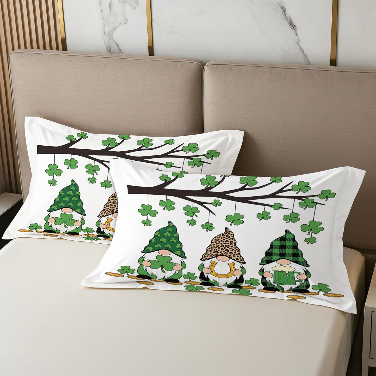 St. Patrick's Day Pillow Cases Queen Size Set of 2 - Gnome Pillowcases with Envelope Closure, Lucky Clover Shamrock Decorative Pillow Covers for Bed Couch, Soft Breathable Microfiber