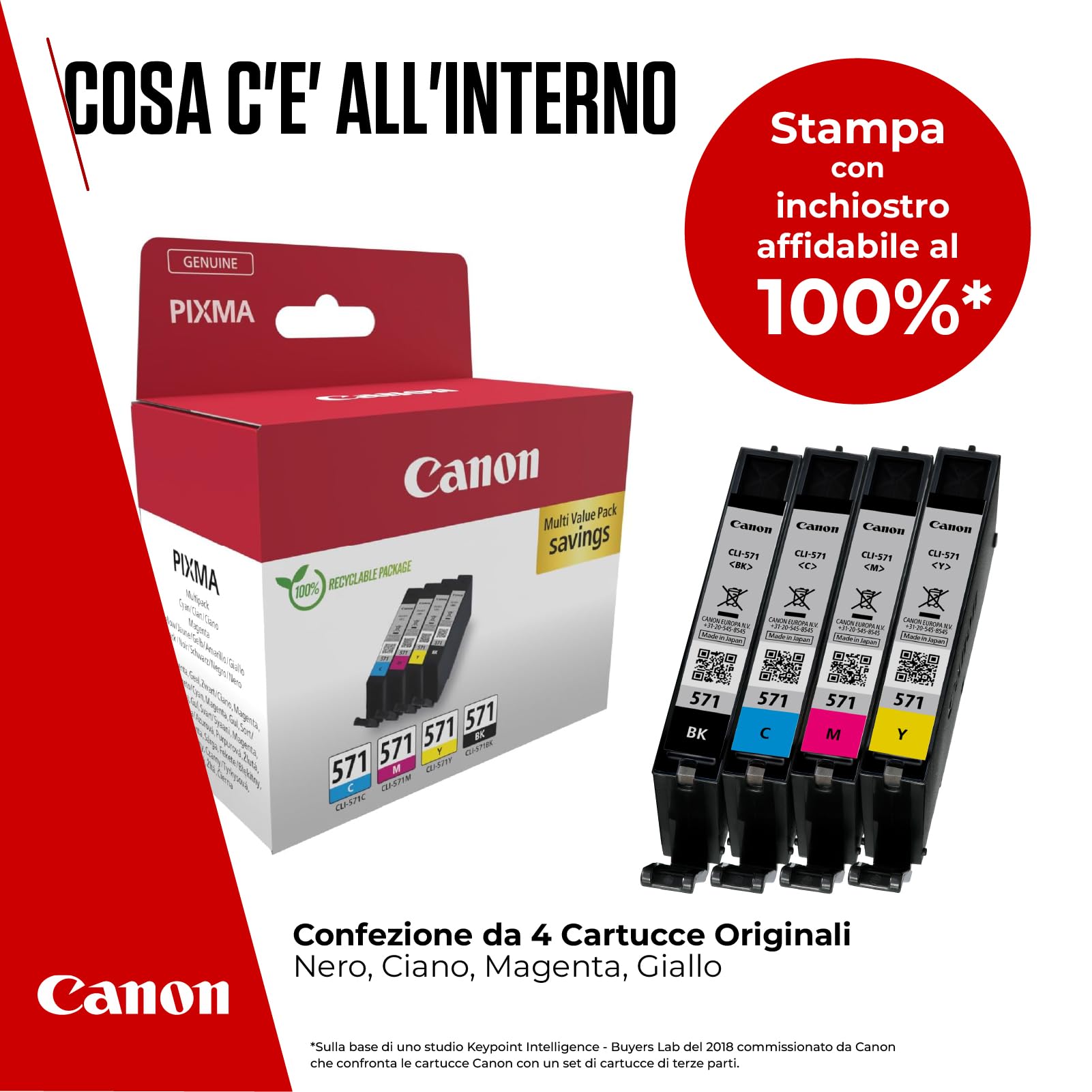 Canon Cartuccia 4 Cartucce per Stampante Originali CLI-571 C M Y BK (1 x Nero, 1 x Ciano, 1 x Magenta, 1 x Giallo)