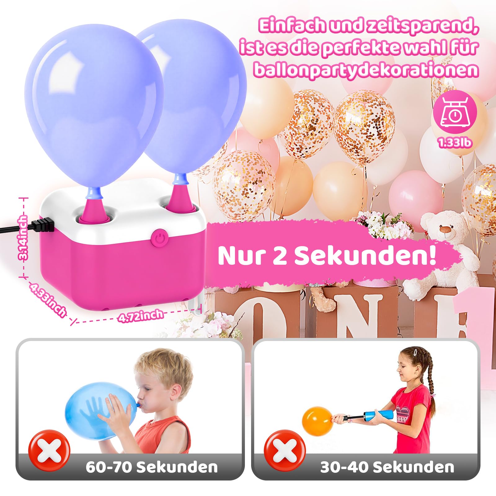 Luftballonpumpe Elektrische, 3-in-1 Elektrische Luftpumpe CEE 7/16 Stecker, Ballonpumpe mit 2 Luftdüsen zum Aufblasen/Entleeren von Poolschwimmer, Luftmatratzen und Luftballons für Dekorationen Party
