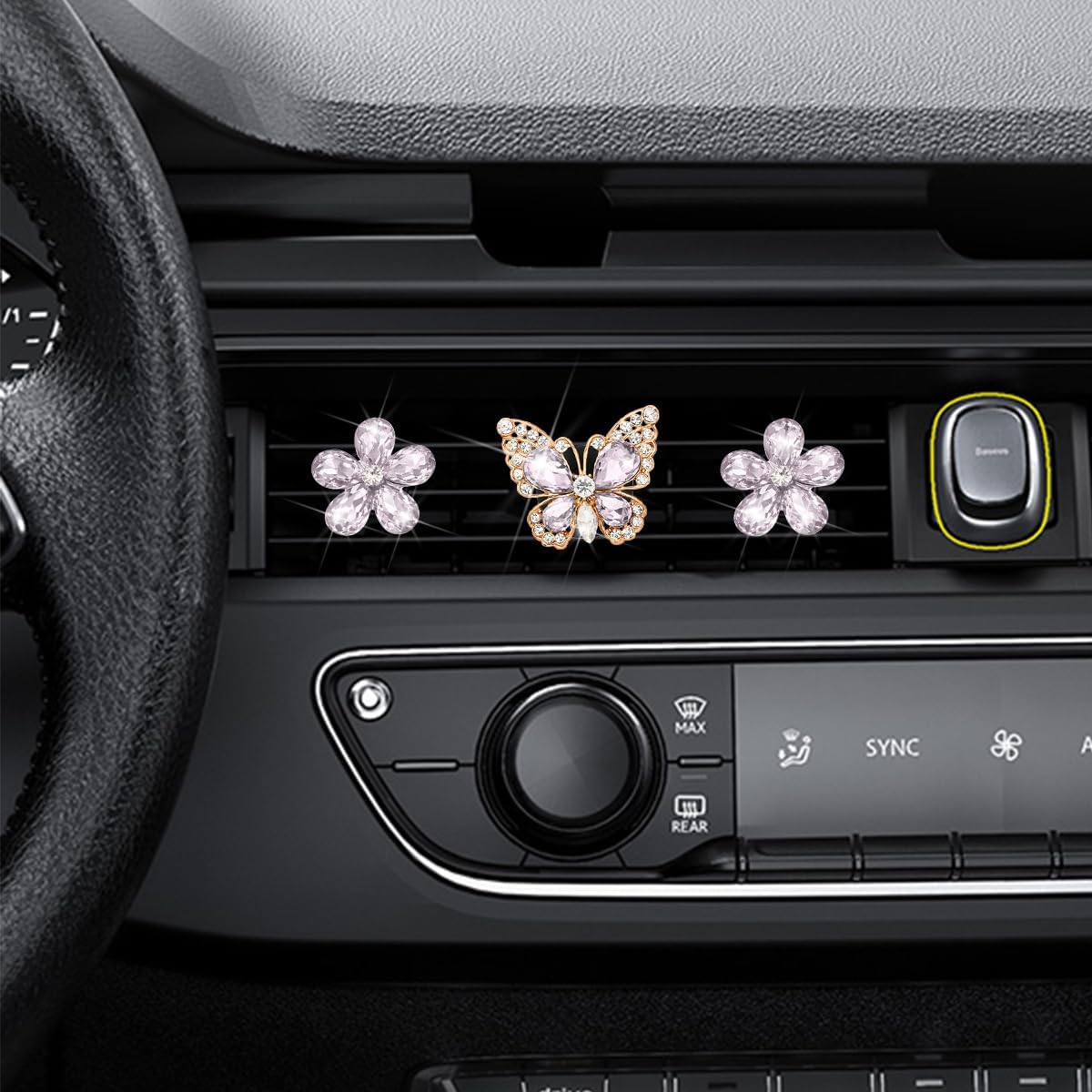 6PCS Car Rhinestone Air Vent Clips Daisy Butterfly Decor, Pink image 4