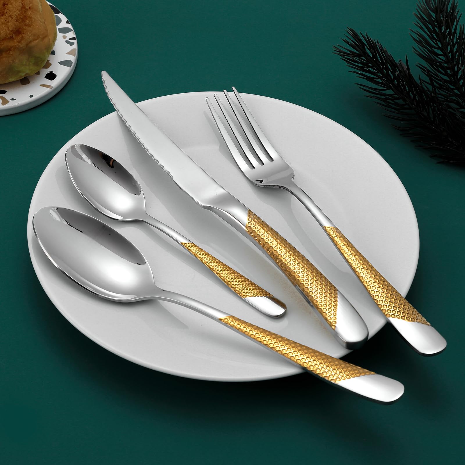 24-teiliges gehämmertes Besteckset, 18/10 Edelstahlbesteck, Besteckset für 6 Personen, Messer-Gabel-Löffel-Set(Gold Silber)