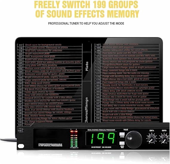 Digital Reverb Multi Effect DSP Processor, Audio Processor Equalizer, 99 Preset Programs, Preset/Programmable 24 Bit Signal Processing, for Studio, Stage Performance