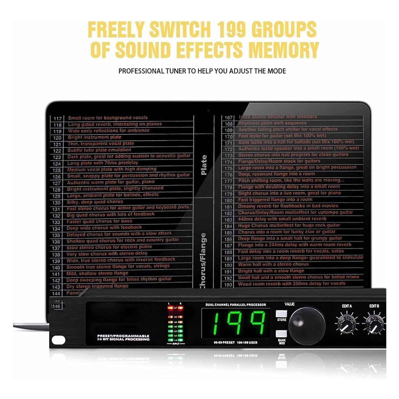 Processore DSP multieffetto con Riverbero Digitale, Equalizzatore Audio, 99 programmi preimpostati, Elaborazione del Segnale a 24 Bit preimpostata/programmabile