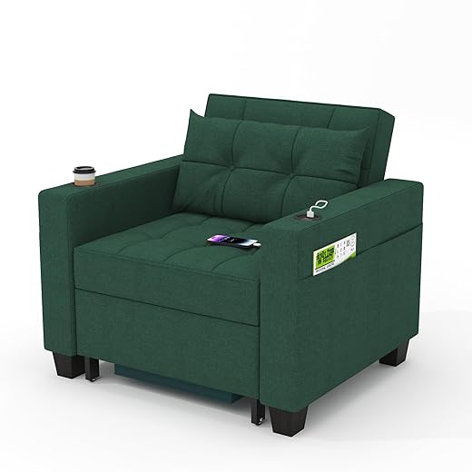 DURASPACE 99 cm Schlafsessel 3-in-1-Convertible-Stuhl-Bett, ausziehbare Schlafsessel-Betten, Verstellbarer Einzelsessel-Sofa-Bett mit USB-Anschlüssen, Seitentaschen für kleinen Raum (Grün)