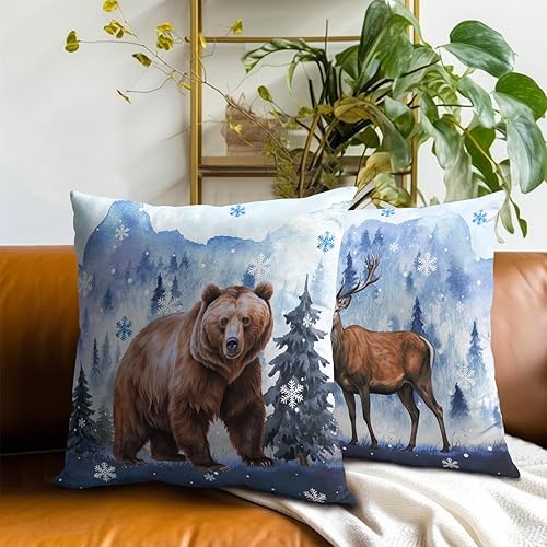Miniatura 8 de Funda de almohada de oso de alce de invierno, fundas de almohada de animales salvajes en acuarela de 20 x 20 pulgadas, juego de 2 fundas de almohada
