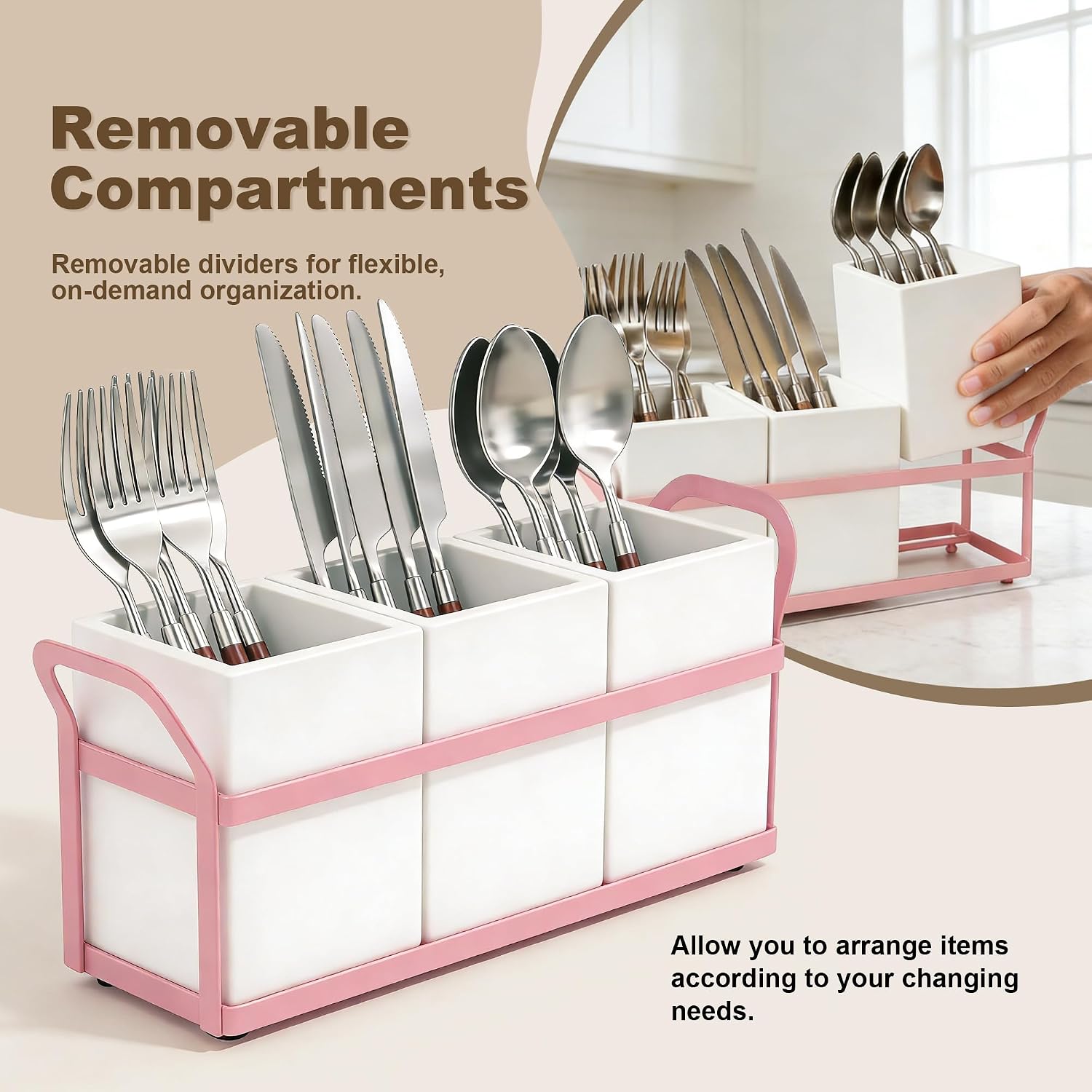 Kitchen Utensil Holder for Countertop, 3 Compartments Wooden Utensils Organizer for Cooking Utensils, Silverware, Spatula, Fork, Knife, Cutlery Storage for Kitchen Counter-White