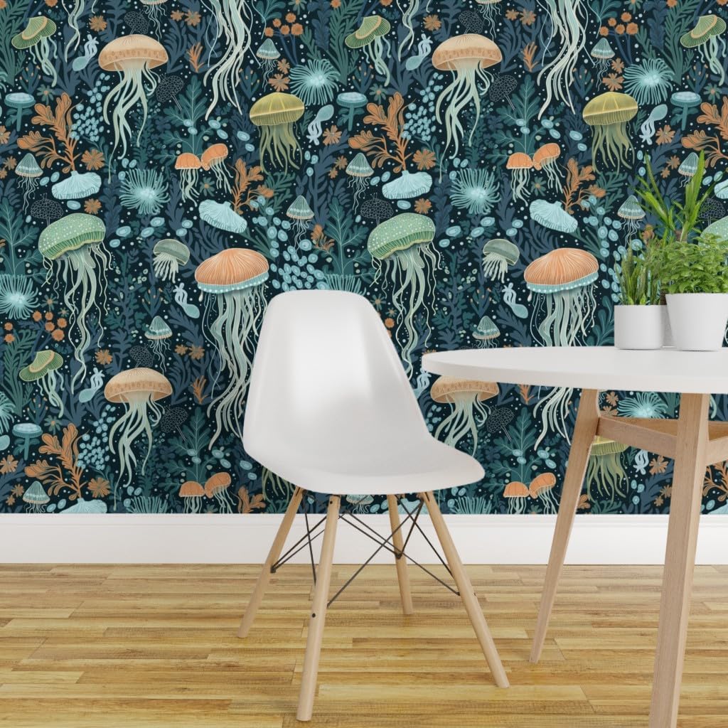 Removable Wallpaper 12ft x 2ft - Blue Jellyfish Under The Sea Ocean Life Seaweed Hand Drawn Coastal Custom Pre-Pasted Wallpaper by Spoonflower
