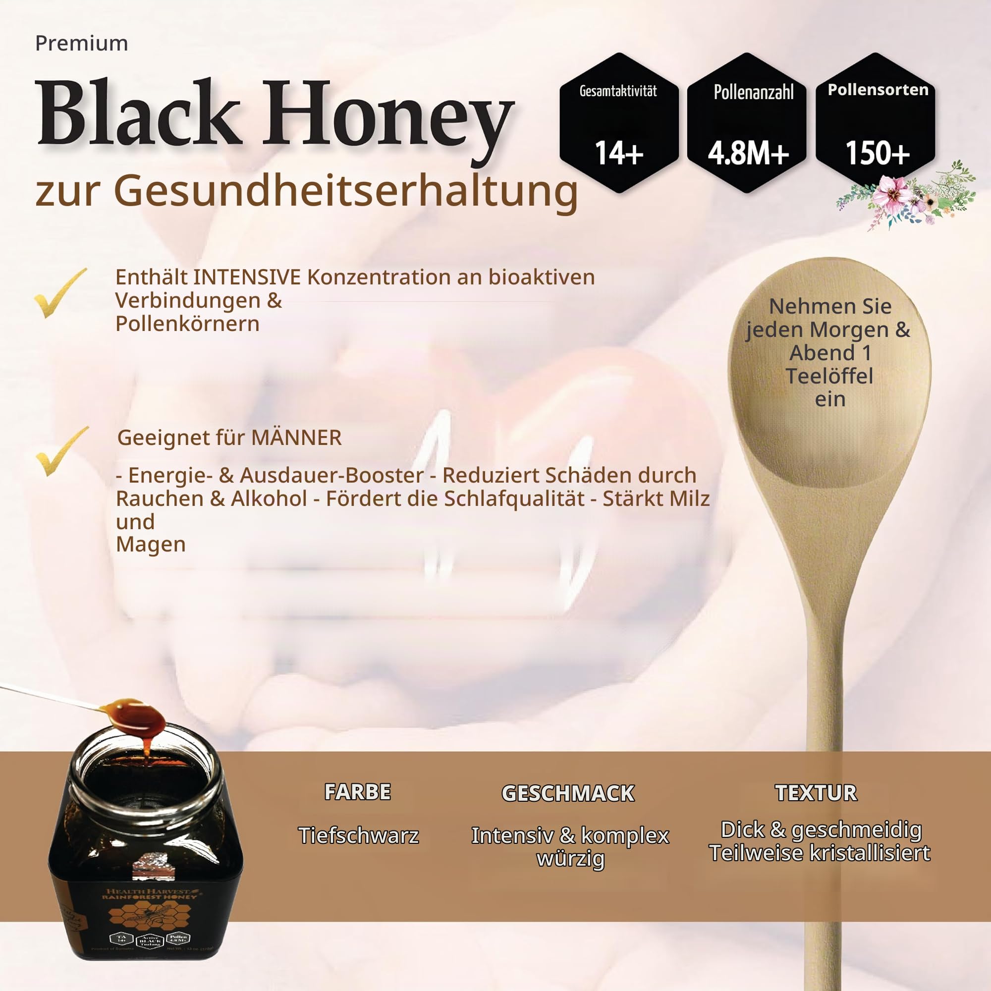 Prämie Tualang Schwarzer Honig 375g (TA 14+, Pollenzahl 4,8 M+, Pollenvielfalt 150+) Intensive Wahl für Männer, Konservierung, roh, nicht pasteurisiert, ungefiltert