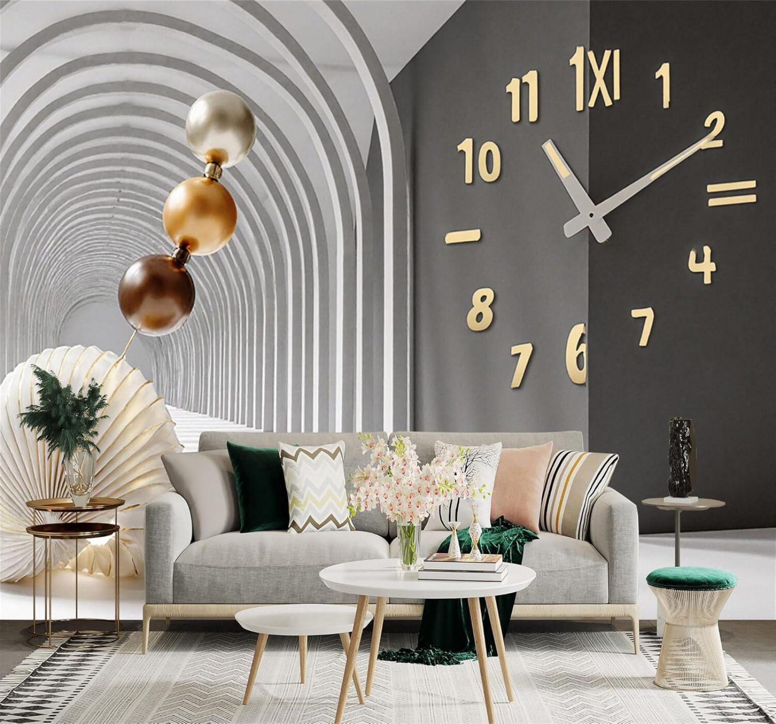 XLMING Abstract Archway Corridor Metal Ball Clock 3D Wallpaper Silky Texture Home Study Office Grey Dining Room Sofa Bedroom Living Room TV Backdrop-300cm×210cm
