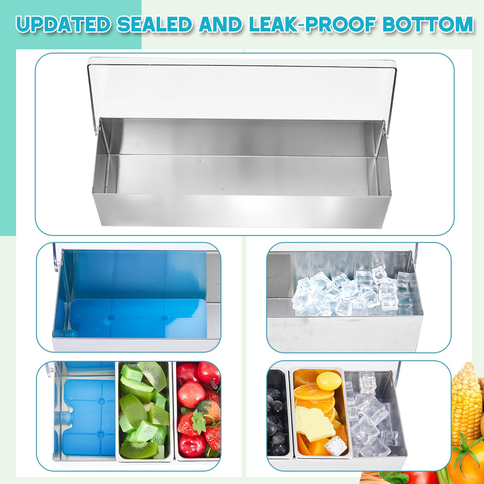 Boao Dispensador de condimentos de acero inoxidable con tapa e inferior, bandeja de condimentos de acero inoxidable de 6 ranuras, bandeja de guarnición enfriada por hielo con 4 cajas de hielo para