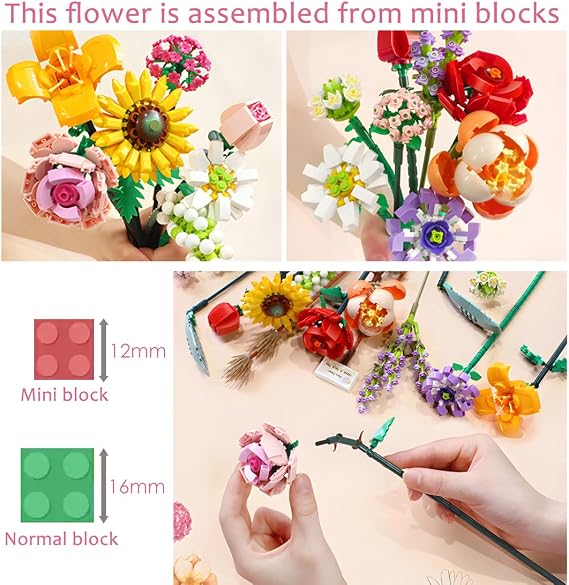 fun4kid Mini Bricks flower bouquet building set, artificial flower building blocks, home decoration, 547 pieces creative botanical collection, for girls aged 8-12