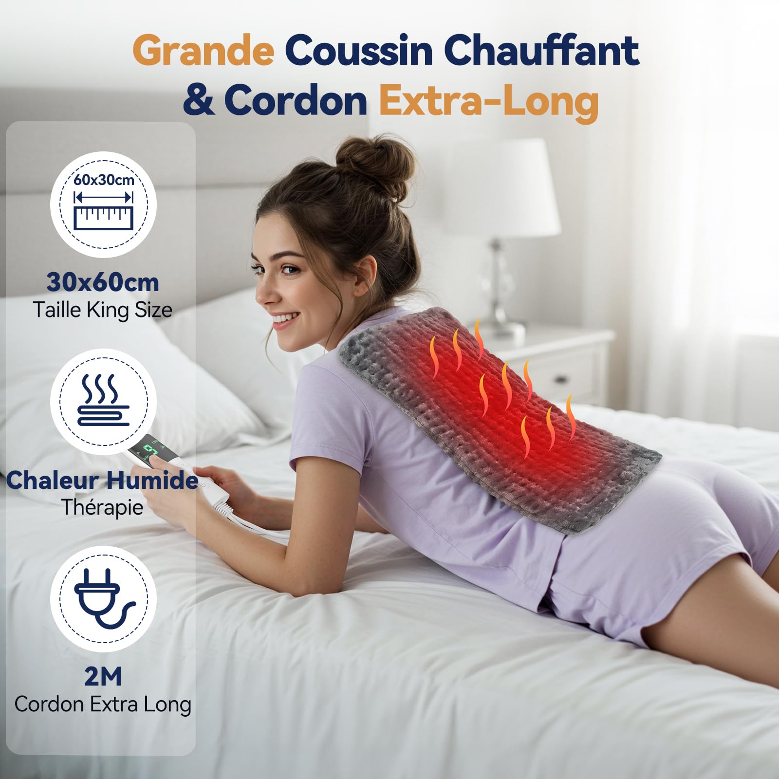 Coussin Chauffant, Coussin Chauffant Electrique avec 9 Température et 4 Minuterie Arrêt Automatique, Lavable en Machine, Couverture Chauffante Flanelle Douce pour Dos, Cou, Épaules, Abdomen-30x60cm