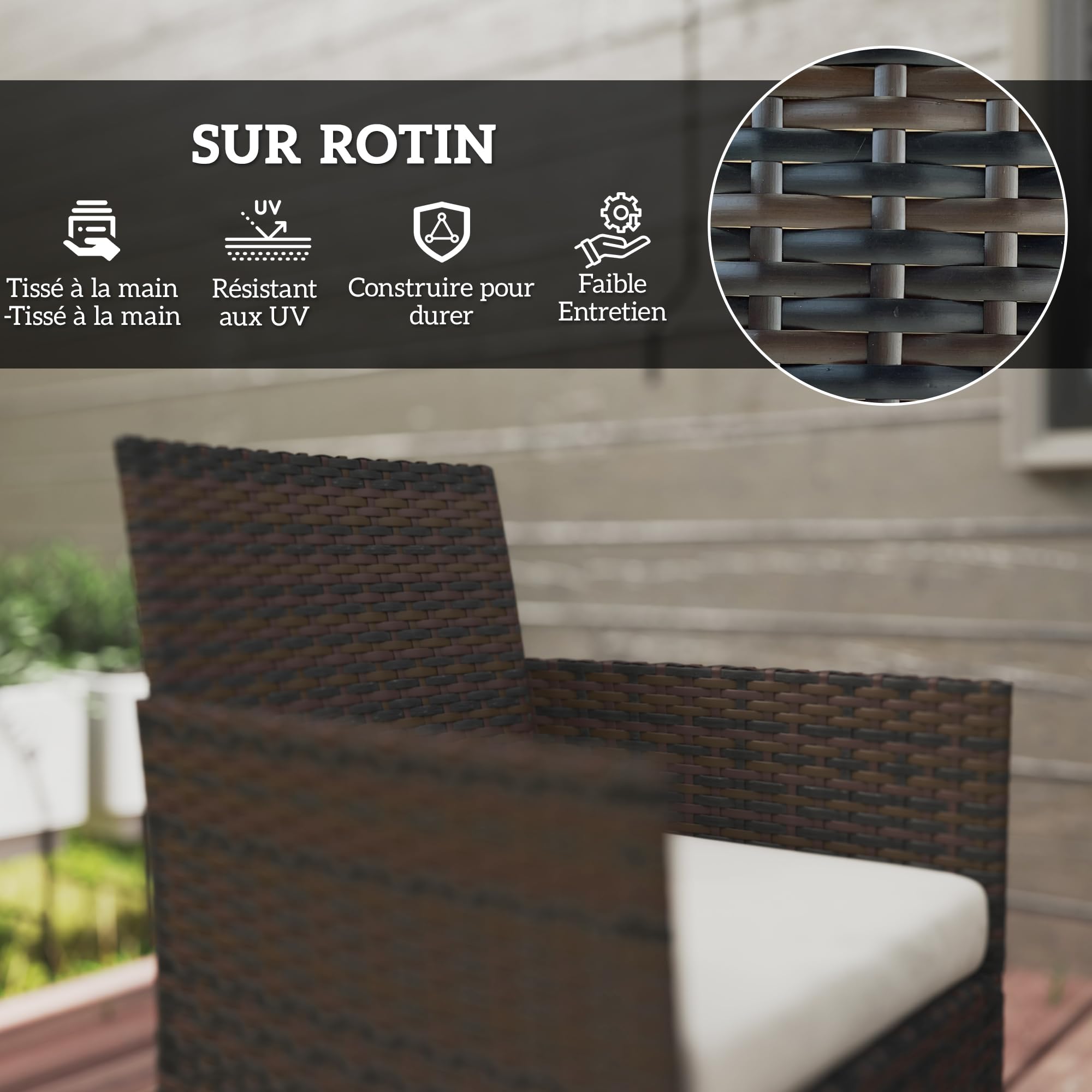 Outsunny Salon de Jardin extérieur 4 Personnes, Salon de Balcon en résine tressée avec canapés et Table Basse en Verre trempé, Coussins déhoussables Inclus, pour Patio Balcon terrasse, Beige