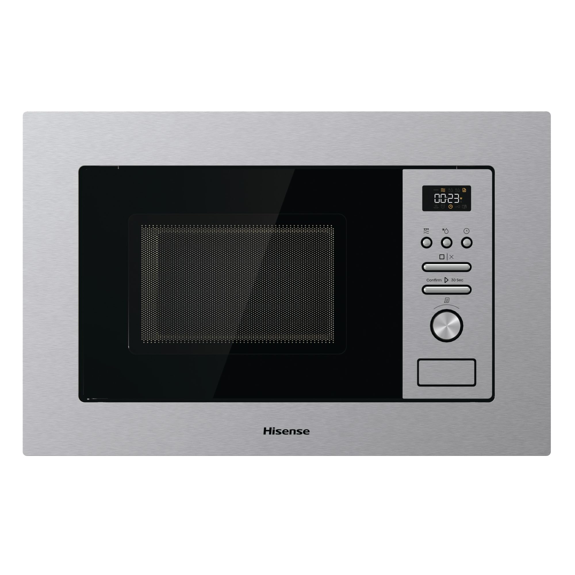 Hisense BIM320G41X - Microondas Integrable, 1000W, 20L, Alto 38.8cm x Ancho 59.5cm, Color Inox, 5 Niveles de Potencia, 15 Programas Preestablecidos, Grill Combo, Descongelar por Tiempo o Peso