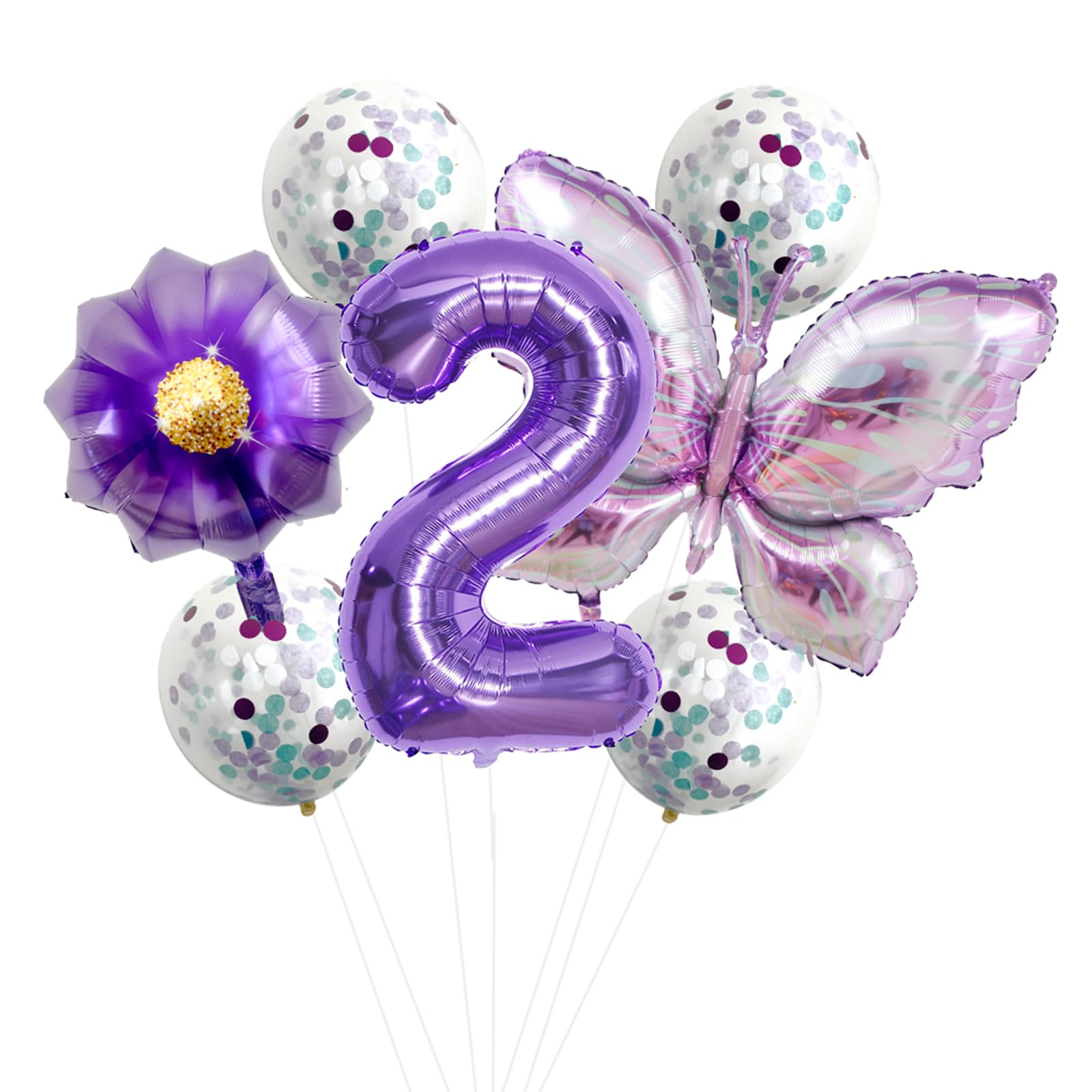 Purple Number Balloon Bouquet Set (0-9 Number Variants) - Butterfly Flower Star Confetti Balloons for Girl Boy Birthday Party Decorations (Purple 2)
