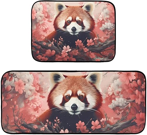 Kitchen Mats for Floor 2 Piece Set Red Panda Floral Print, Anti Skid Cushioned Water Absorbent Kitchen Rugs Door Mat Floor Mats for Kitchen Sink