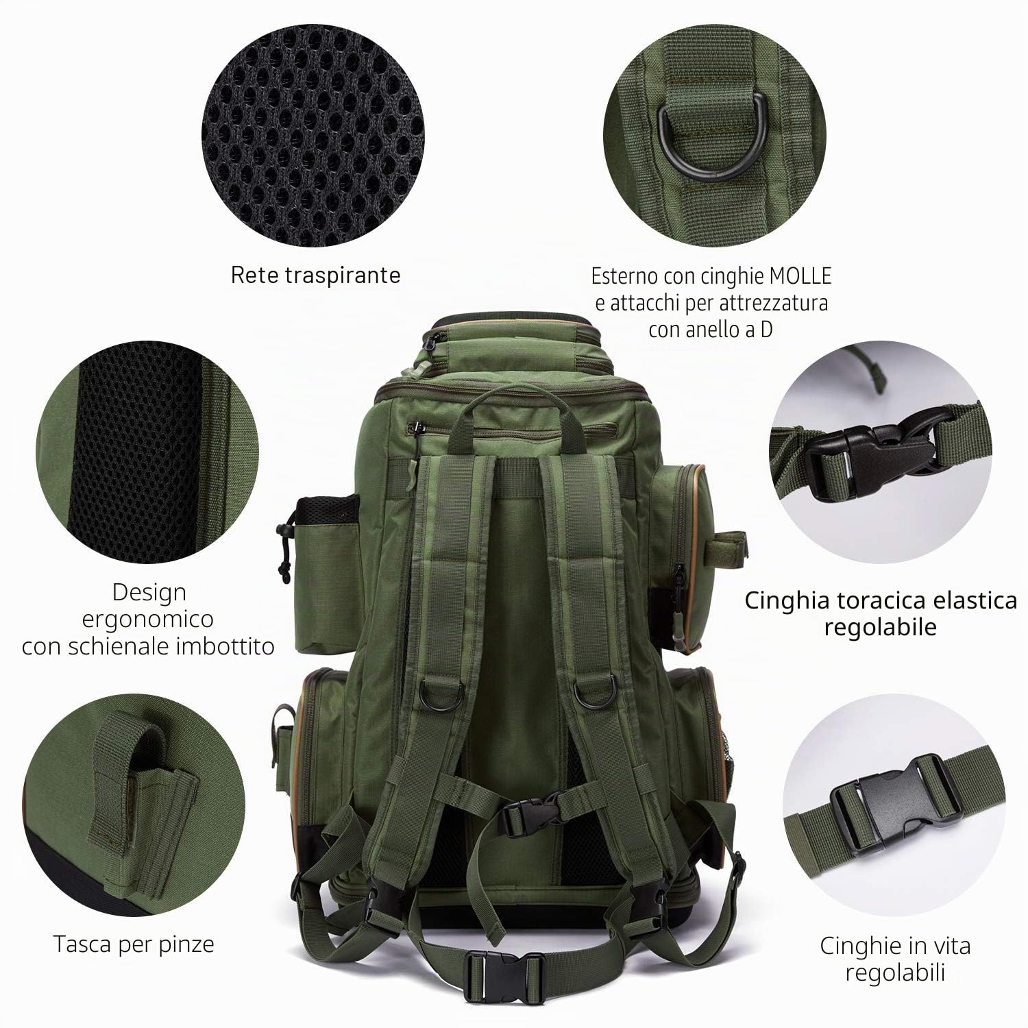 Bassdash Zaino da Pesca Borsa da Pesca Borsa Tattica Leggera e Resistente all'Acqua con portacanne e Copertura Antipioggia Protettiva