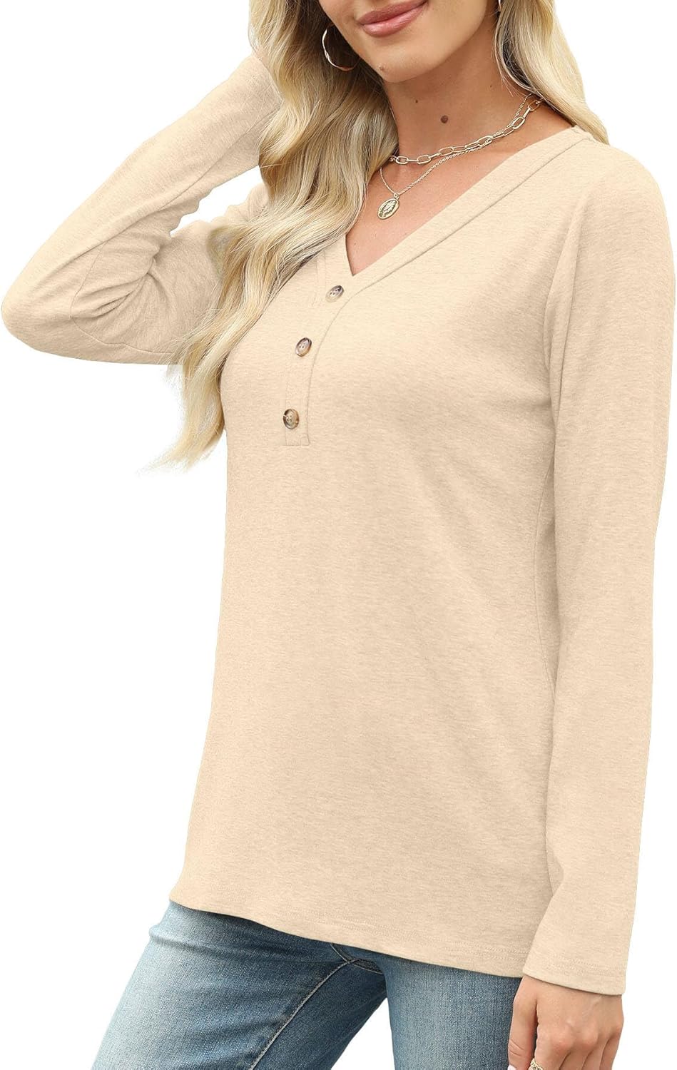 Womens Tops Long Sleeve Shirts Fall Winter Casual V Neck Button Knit Pullover Lightweight Tunic Blouse - Image 3