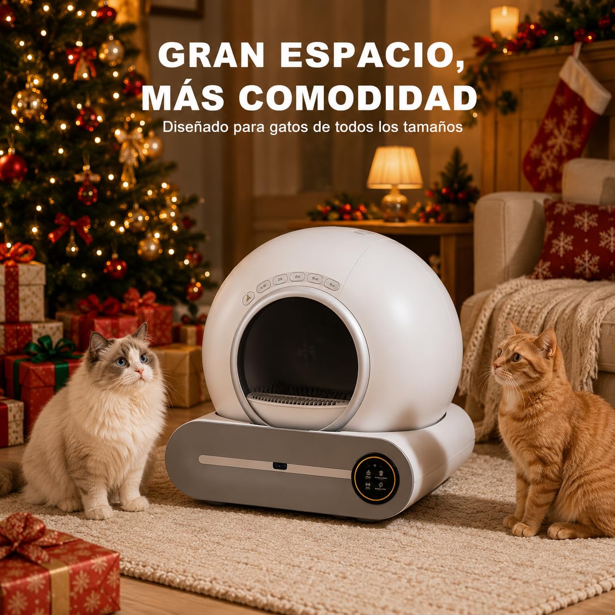 Arenero para Gato Autolimpiable 65L+9L, Arenero Inteligente Automático con Control App, Eliminación de Olores, Incluye 5 Rollos Bolsas Basura y 1 Tapete, para Varios Gatos