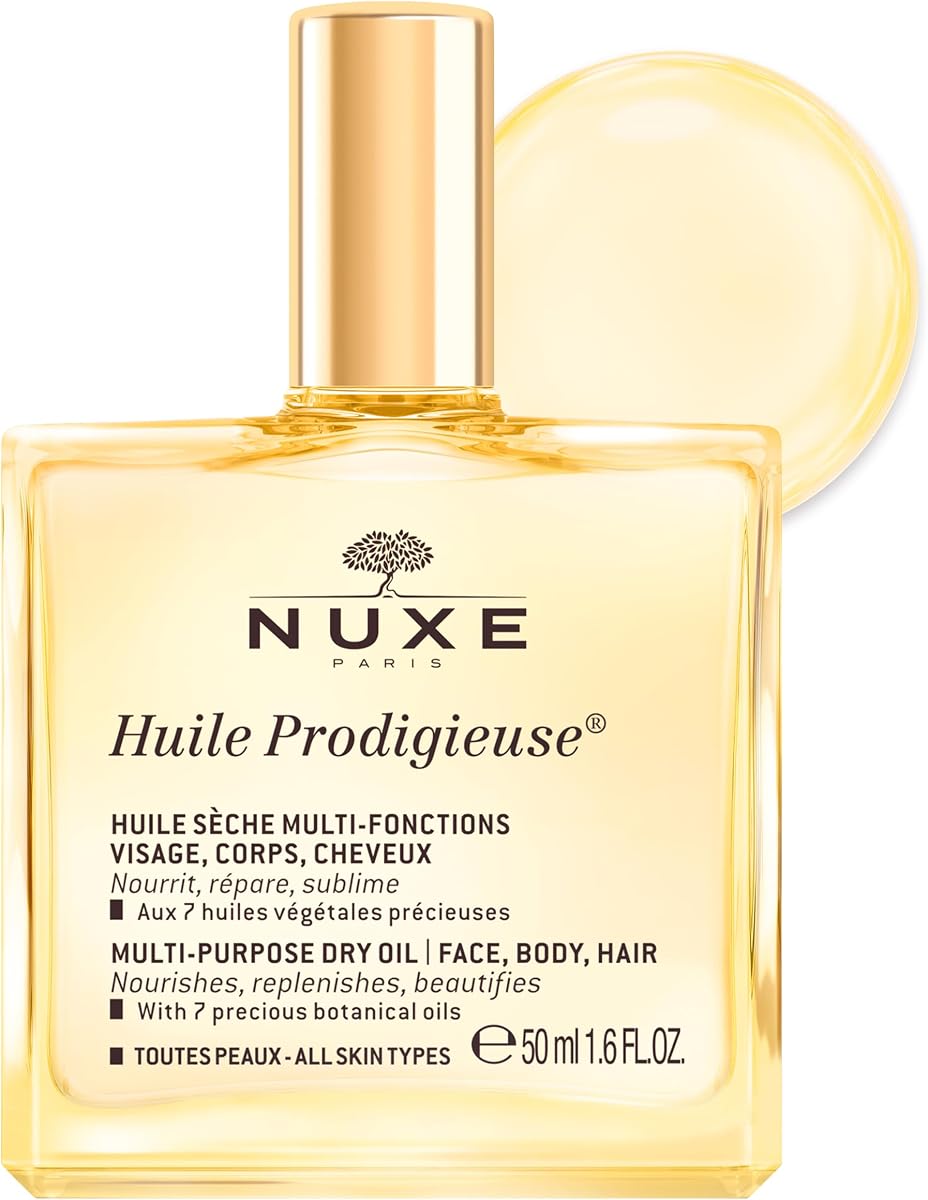 Aceite corporal seco multiusos NUXE Huile Prodigieuse, para la piel y el cabello | Aceite seco ligero y perfumado para la piel, la cara y el cabello, cuidado de la piel francés con 7 aceites botánicos para hidratación y brillo después de la ducha