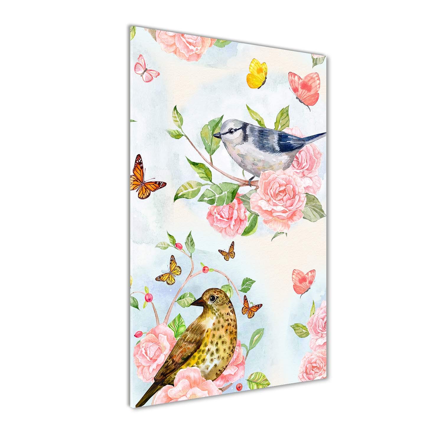 Tableau panoramique sur verre 60x120 cm avec oiseaux et fleurs multicolores