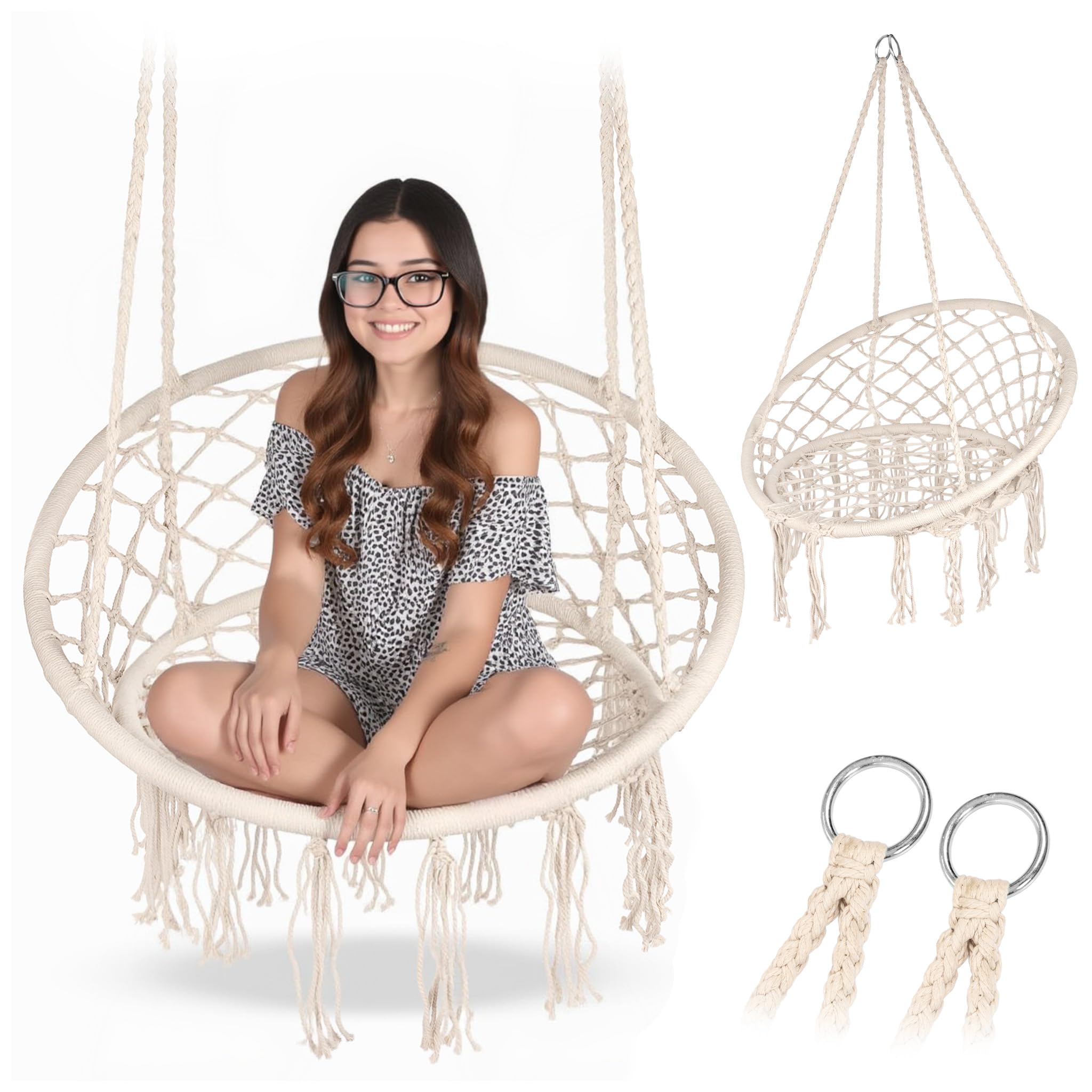 Poltrona sospesa boho ecru – Sedia amaca robusta 150 kg – Corde cotone/poliestere e telaio in acciaio zincato