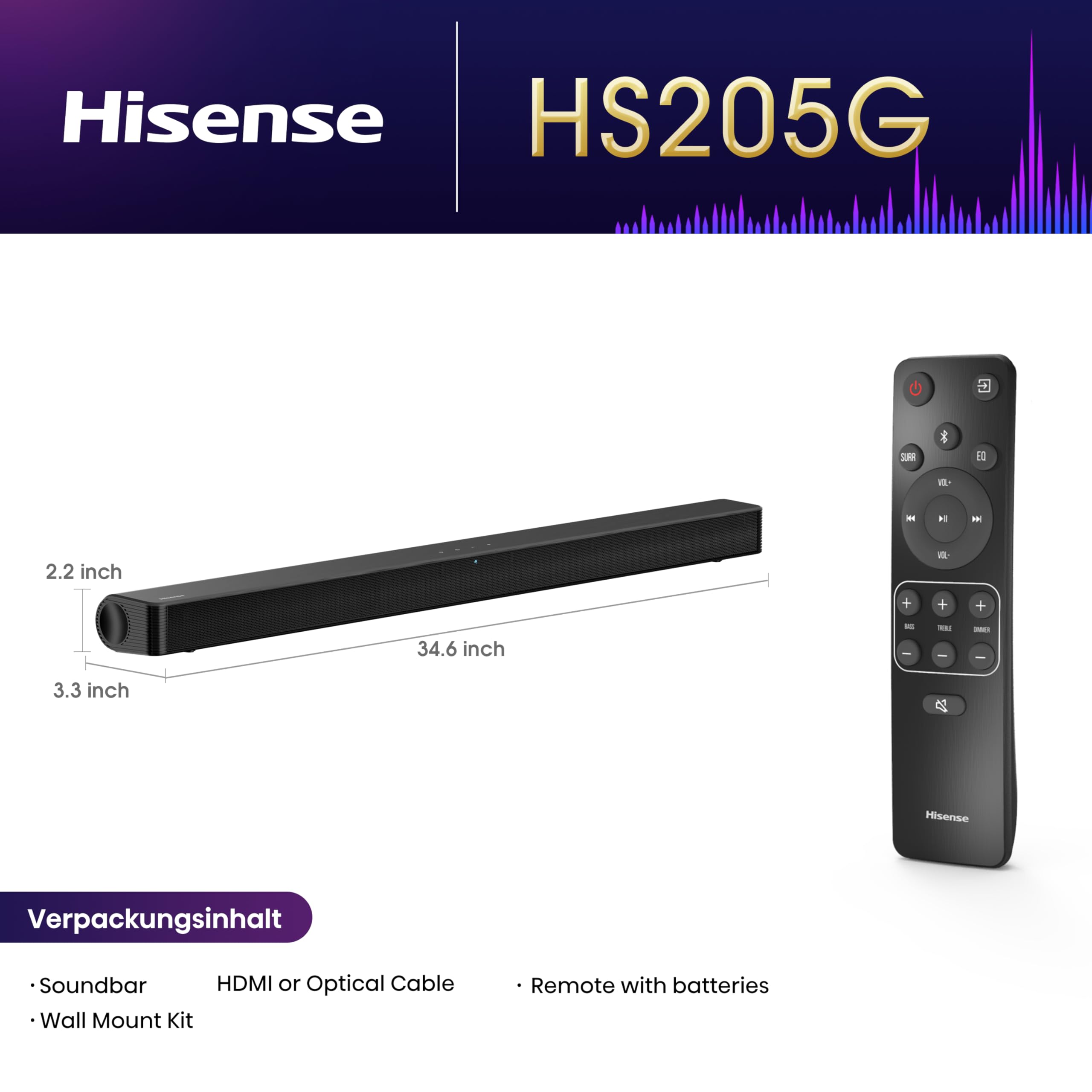Hisense HS205G 2.0 Kanal Soundbar, 120 Watt, DTS Virtual: X, Bluetooth 5.0, HDMI Arc, USB, Optisch, Equalizer, Wandmontage möglich, schwarz