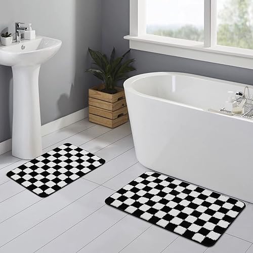 Miniatura 6 de Uphome Alfombras de baño a cuadros blancos y negros, antideslizantes, absorbentes de agua, alfombra de baño de microfibra suave, lavable a máquina,