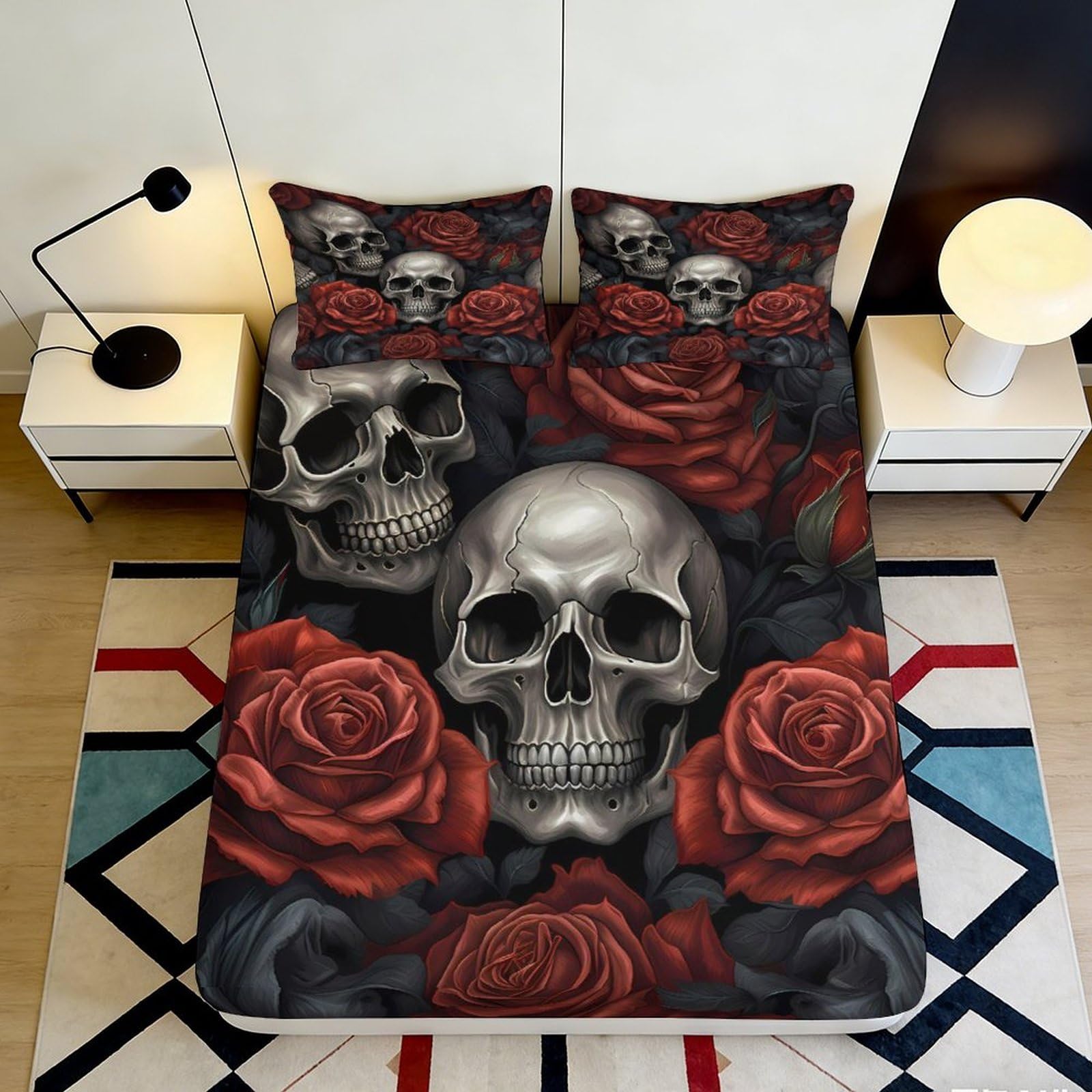 Tjiqhvmrn Style-9 3D Printed Skull Rose Fitted Sheet Microfiber Deep Pocket Non-Slip Bedroom Bedding Full Wrap Mattress Fitted Cover Washable For Adults 90X200x25cm