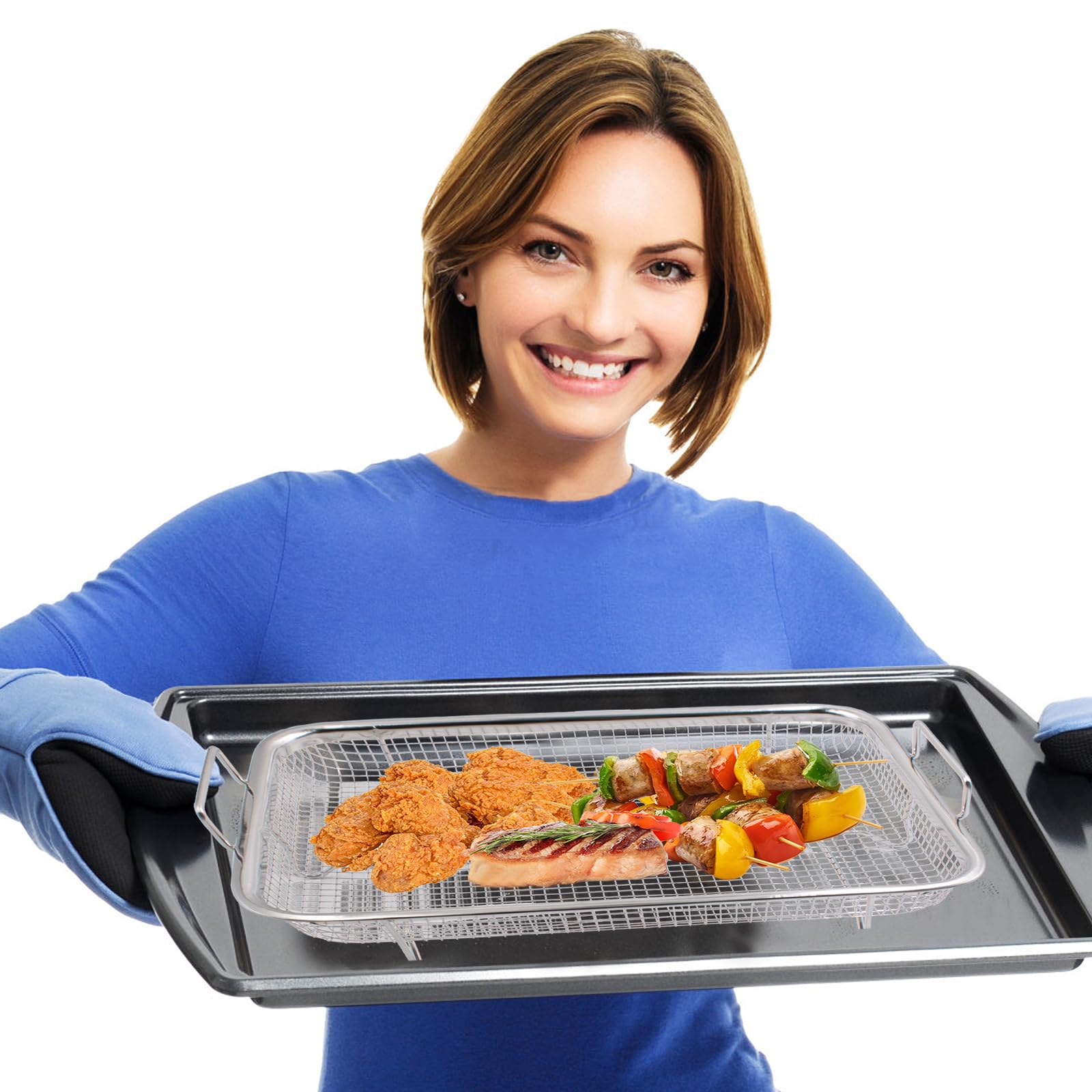 2 cestini per barbecue in acciaio inox, con manici, in metallo, per verdure, pollo, carne e pesce, 30 x 22 x 5,5 cm