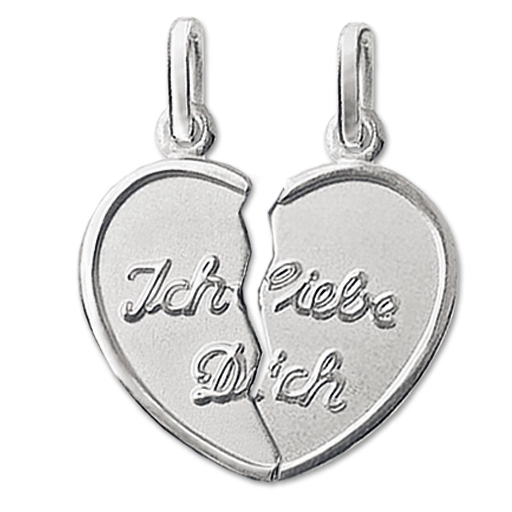 CLEVER SCHMUCK Set 2 Silberne Partneranhänger geteiltes Herz 20 mm Ich liebe dich matt, Rand Schrift glänzend, 2 Ketten Panzer je 45 & 50 cm 925 Sterling Silber im Schmucketui anthrazit