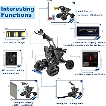 Robot Car Kit, 2 in 1 Smart Robotics Arm Building Toy for Raspberry Pi Python Coding, STEM Programming Tank Kits with Camera (Without RPi Board)