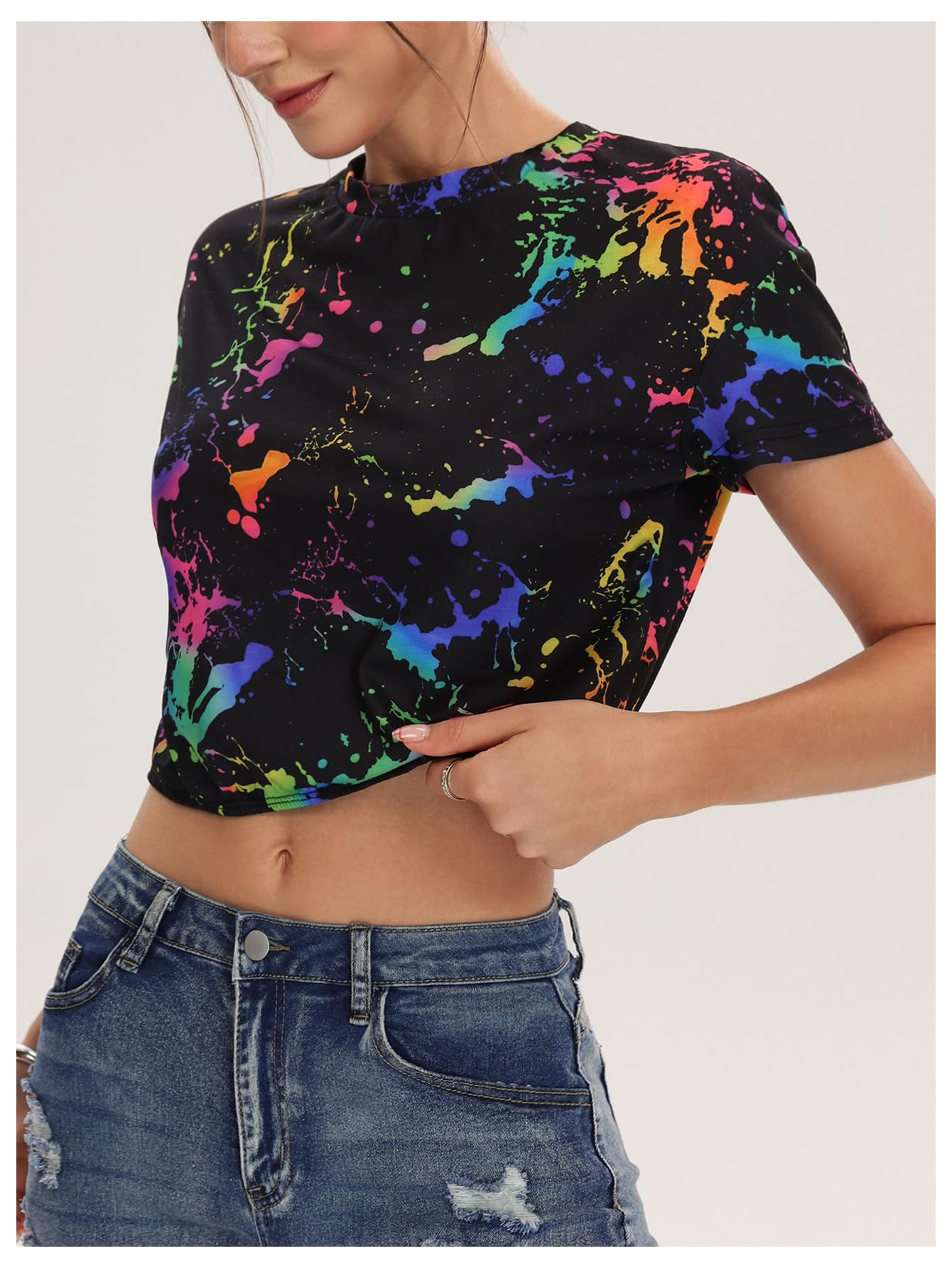 Floerns Camiseta corta de manga corta reflectante para mujer, cuello redondo, estilo casual