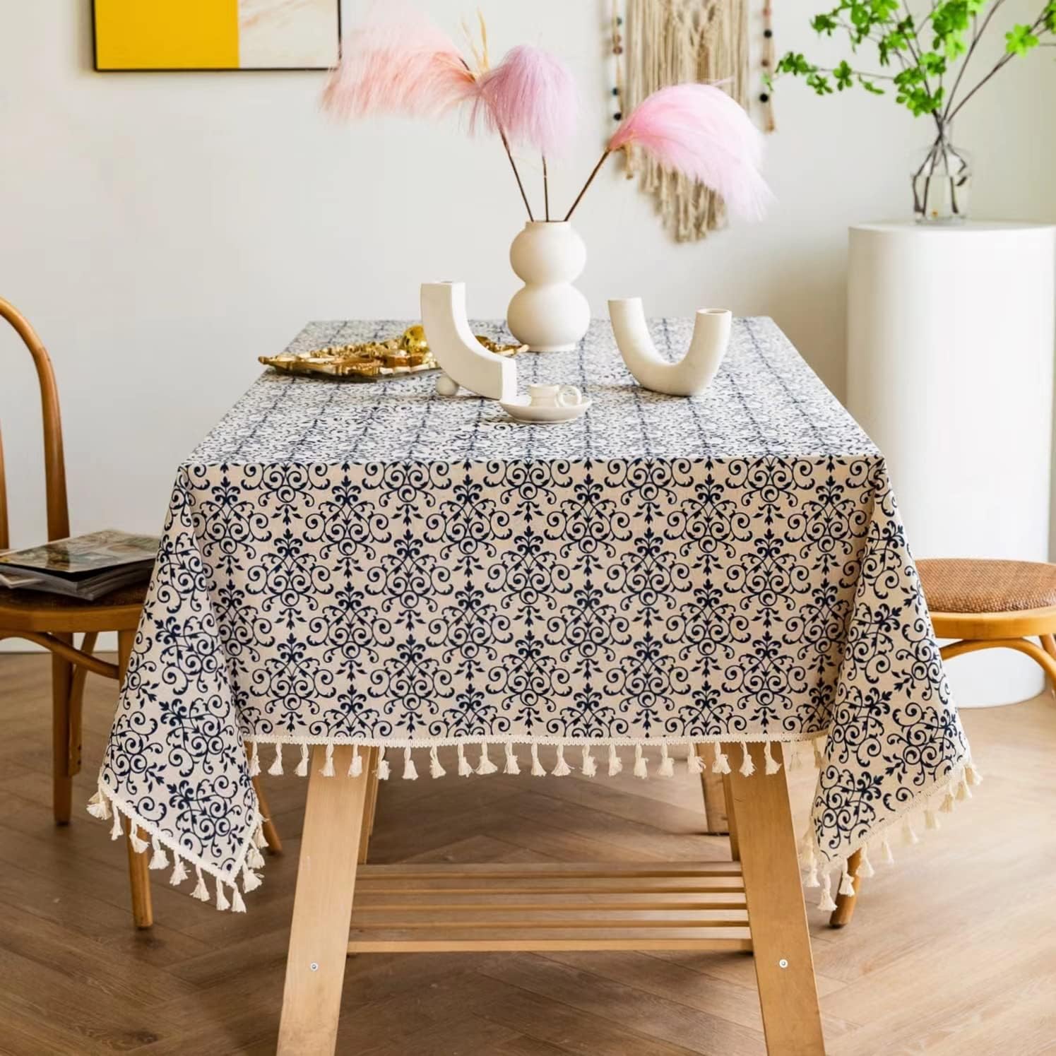 YUURAINVUVU Blue and White Porcelain Pattern Cotton Linen Fabric, Stitching Tassel Rectangle Tablecloth for Kitchen | Dining | Tabletop | Decoration | Tea Party | Weddings | Farmhouse (55x70 Inches)